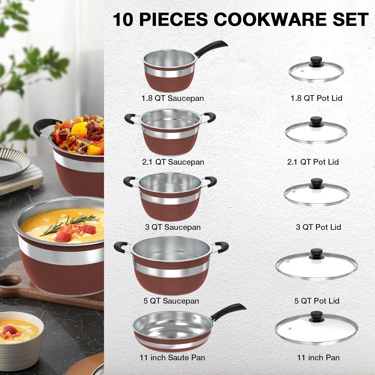 VBGK Pots and Pans Set 10-Piece Stainless Steel Cookware Set, Non-Toxic Kitchen Set, Kitchen Cooking Set with Tempered Glass Lid and Warming Handle, Suitable for All Cooktops, Stackable - Image 4