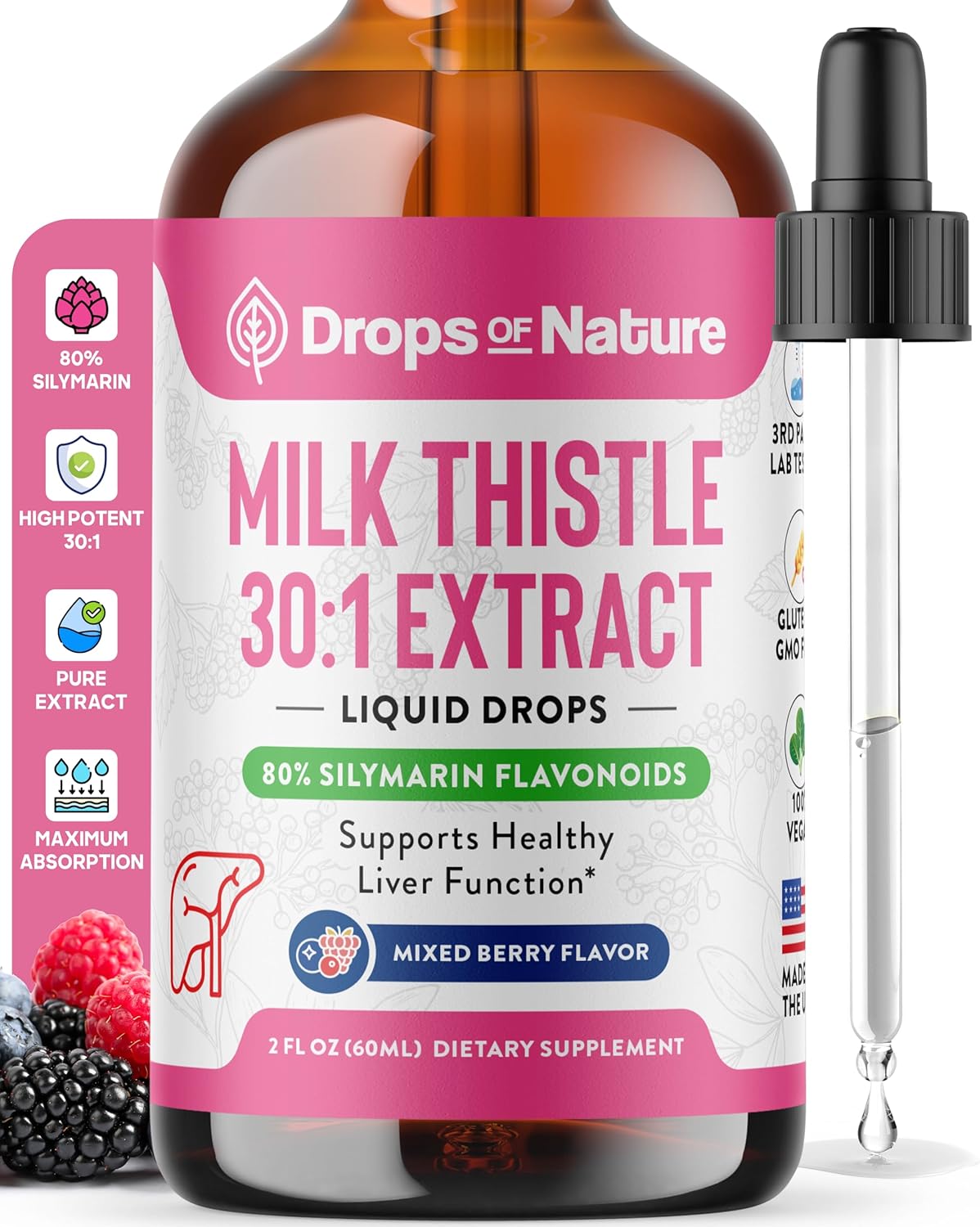 Milk Thistle Supplement Liquid Drops with 80% Silymarin Flavonoids – Vegan, Organic Milk Thistle Extract – Easily Mix with Tea Daily for Antioxidant Properties, Liver, Immune Care (Mixed Berry, 60 mL) - Image 2