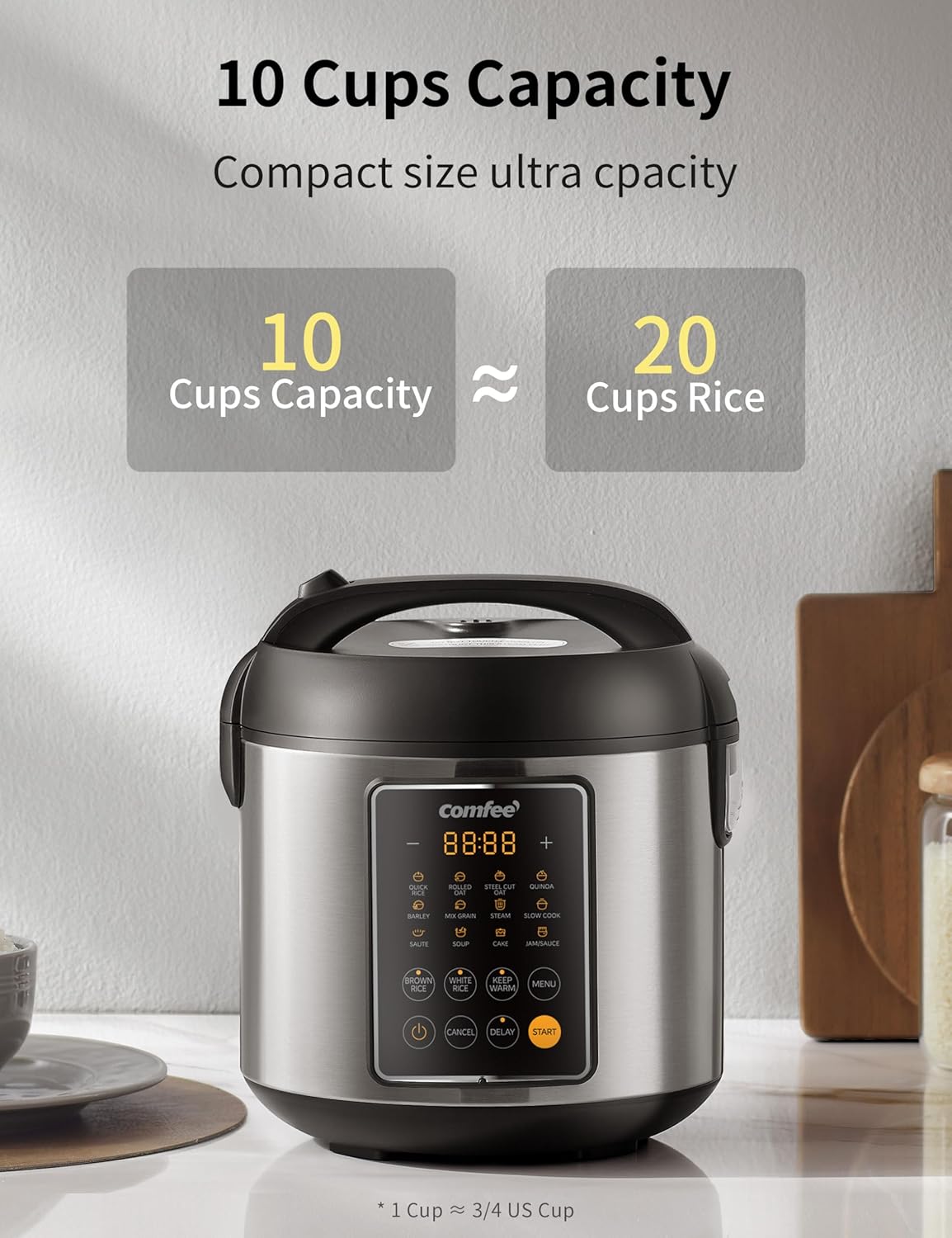 COMFEE' Rice Cooker, 14-in-1 Stainless Steel Multi Cooker, Slow Cooker, Steamer, Sauté, and Warmer, 5.3 QT, 20 Cups Cooked (10 Cups Uncooked), Brown Rice, Quinoa and Oatmeal - Image 5