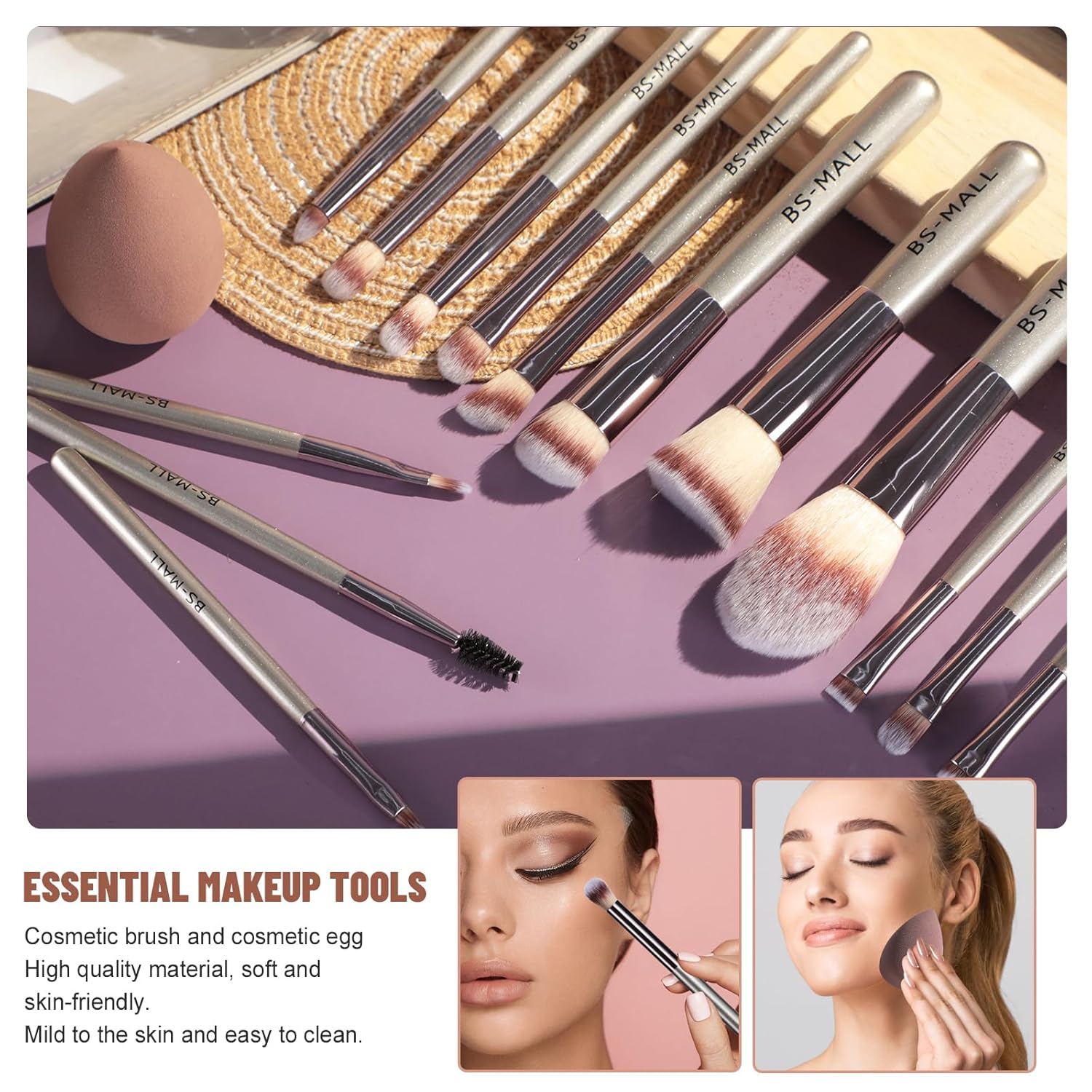 BS-MALL Travel Makeup Brush Set 14 Pcs Premium Synthetic Foundation Powder Concealers Eye shadows Blush Makeup Brushes with Cute Case and Makeup Sponge (A-Champagne) - Image 7