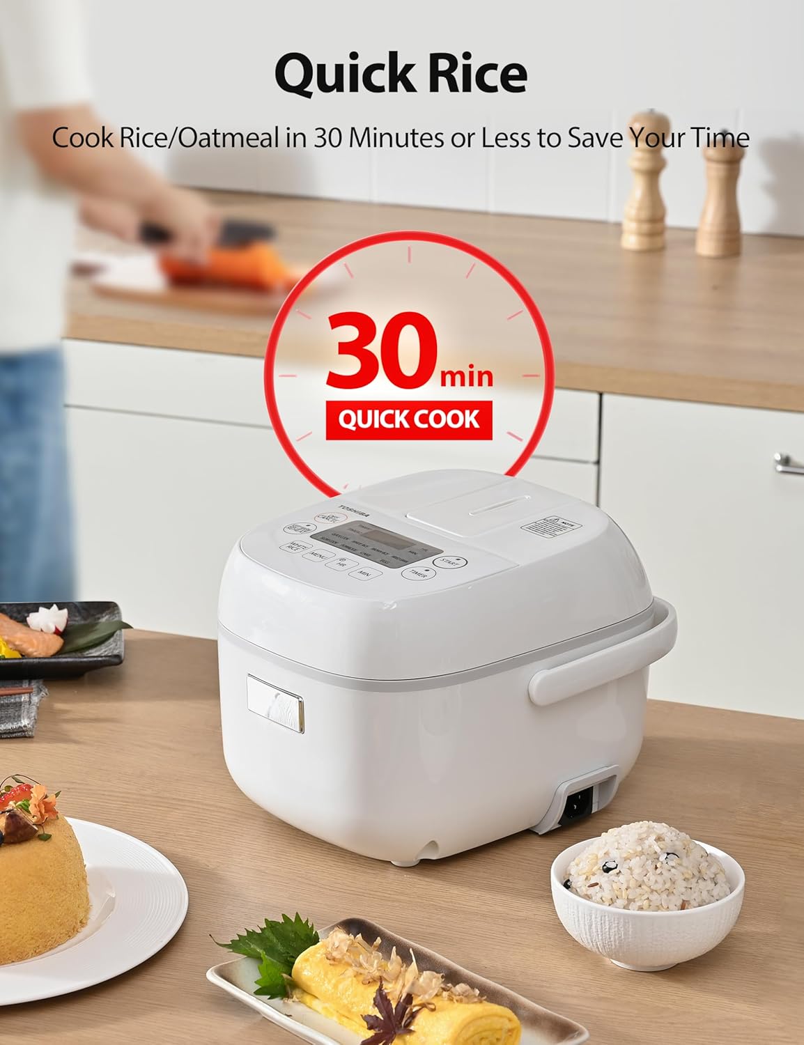 Toshiba Mini Rice Cooker, 3 Cups Uncooked Small Rice Cooker, Steamer & Warmer, With Fuzzy Logic And One-Touch Cooking, 24 Hour Delay Timer And Auto Keep Warm Feature, White - Image 5