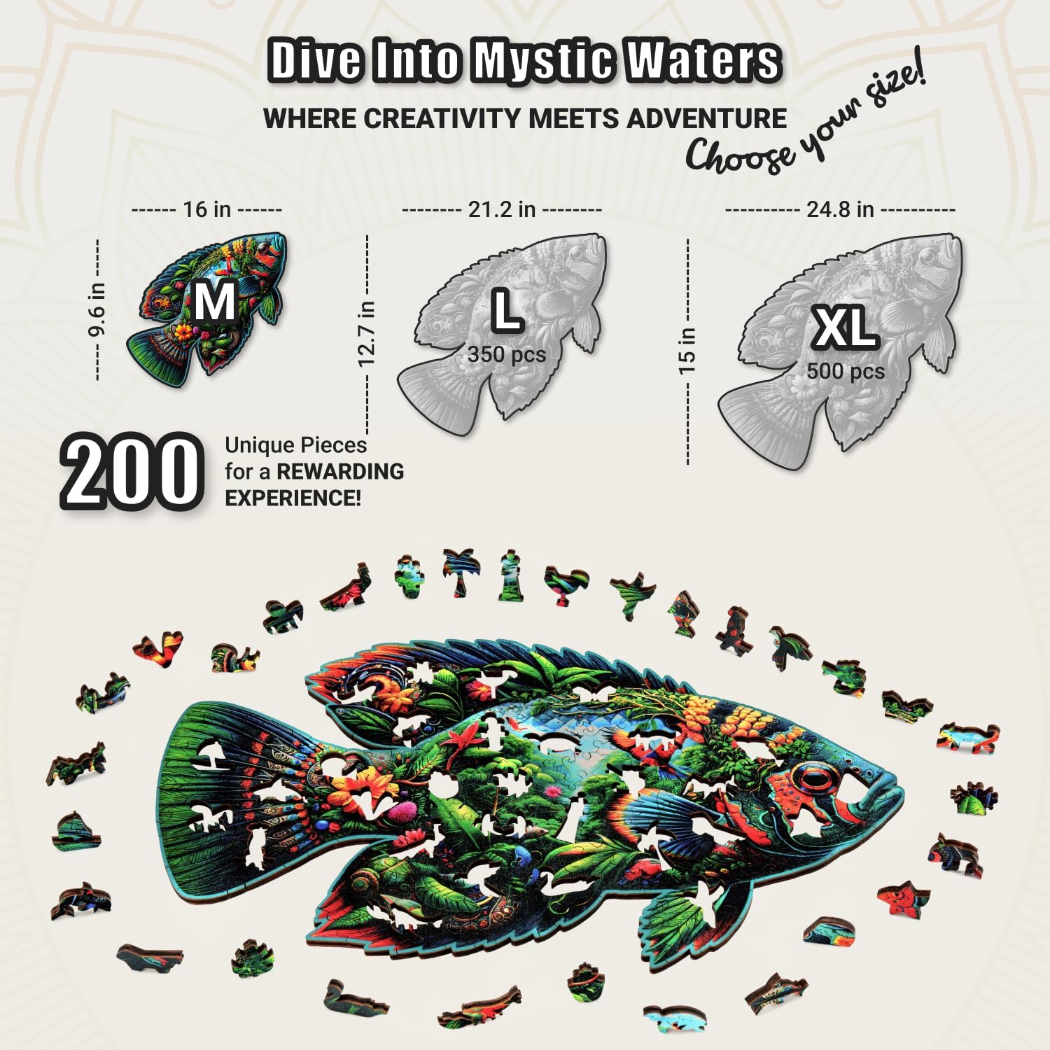 Fish Fantasia - 200 Piece Wooden Puzzles for Adults - 16 x 9.6 in - Extra-Thick 5 mm Wood Puzzle, Hand-Shaped Pieces, Marine Life Mosaic Design - Premium Gift for Puzzle Lovers by LEOGOR - Image 7
