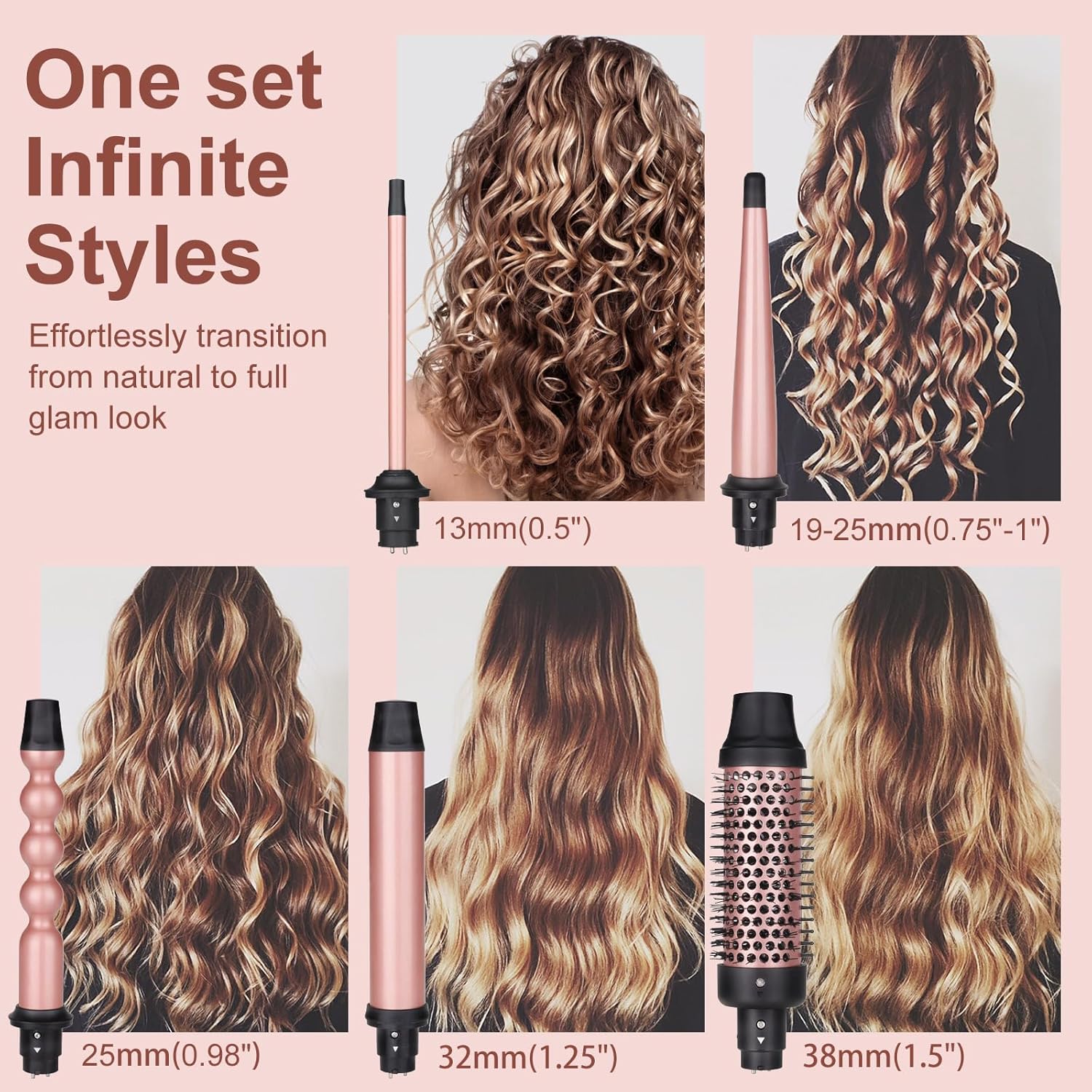 5 in 1 Curling Iron Brush Set with Thermal Brush and 4 Interchangeable Ceramic Curling Wand(0.5”-1.25”), Fast Heating, Dual Voltage, Include Glove - Image 3