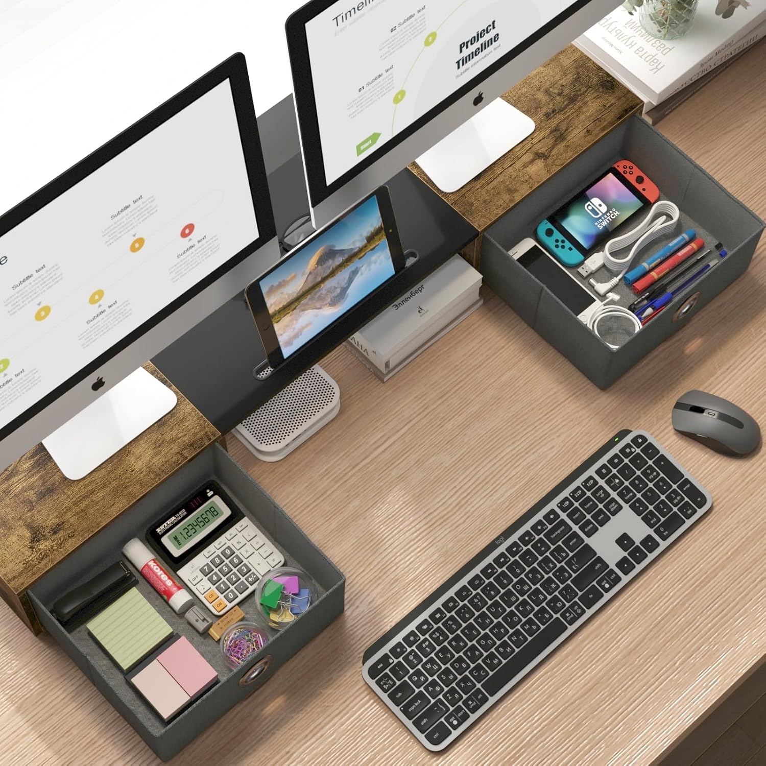WESTREE Dual Monitor Stand Riser with Two Drawers, Extra Large Storage for 2 Monitors, Desktop Oraganizer Computer,Laptop,Screen,Printer,TV - Image 3