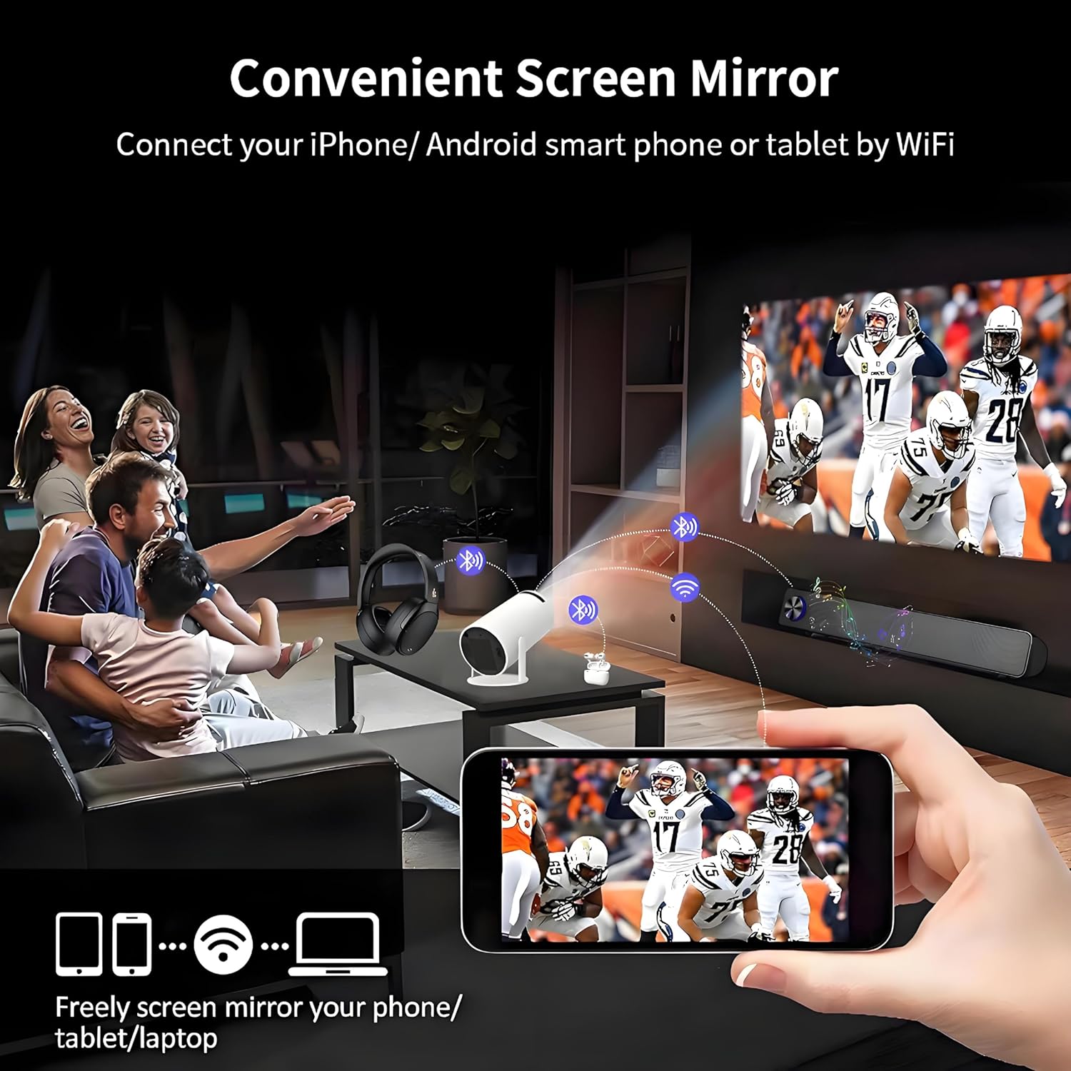 HY300PRO Mini Projector WiFi Bluetooth, 35"-130" Support 4K 1080P Short Throw Portable Projector for IOS Android Phone Laptop TV Stick HDMI USB - Image 7