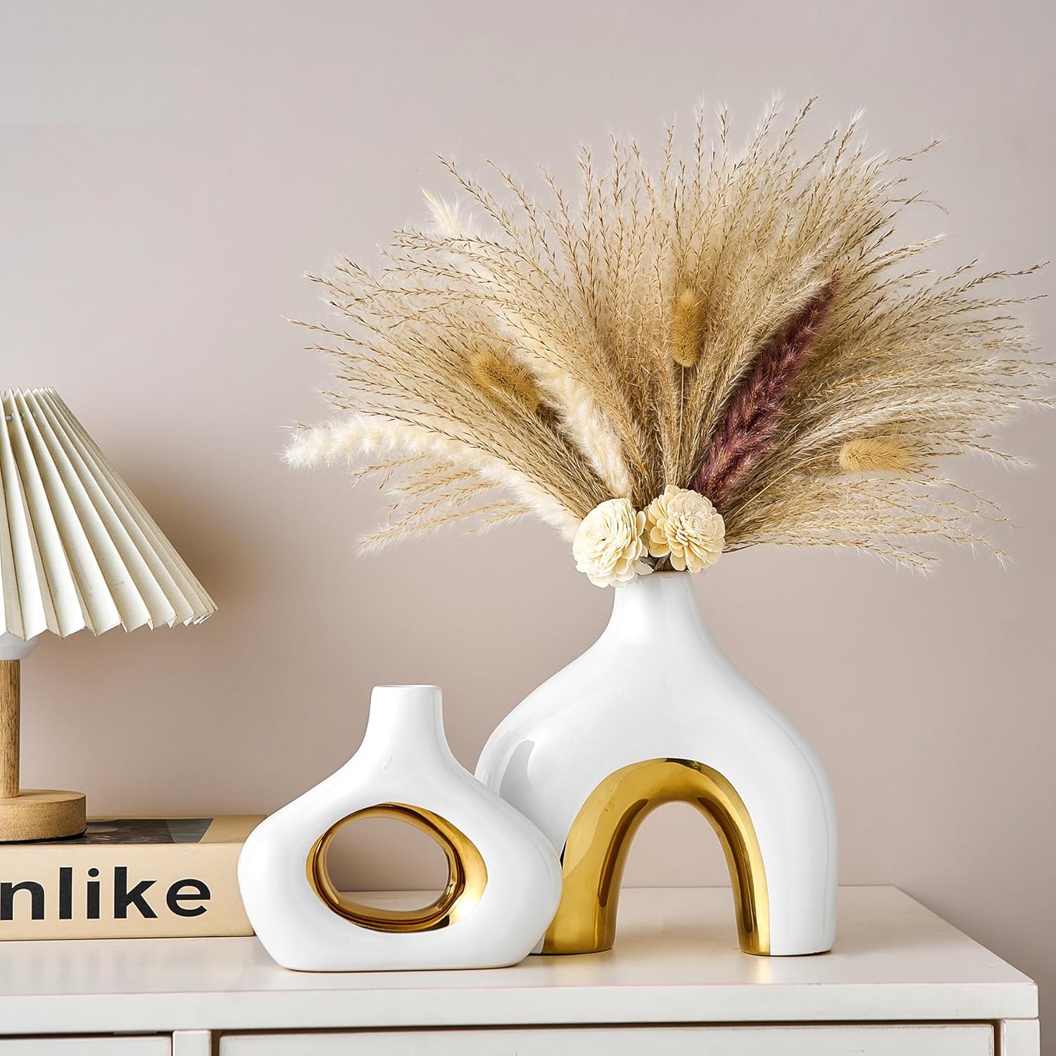 Ceramic Vase Set of 2 White and Gold Vase for Pampas Grass, Modern Donut Vase for Gold Decor, Round Vases Centerpieces for Wedding, Bedroom, Living Room, Coffee Table, Entryway, Office - Image 3