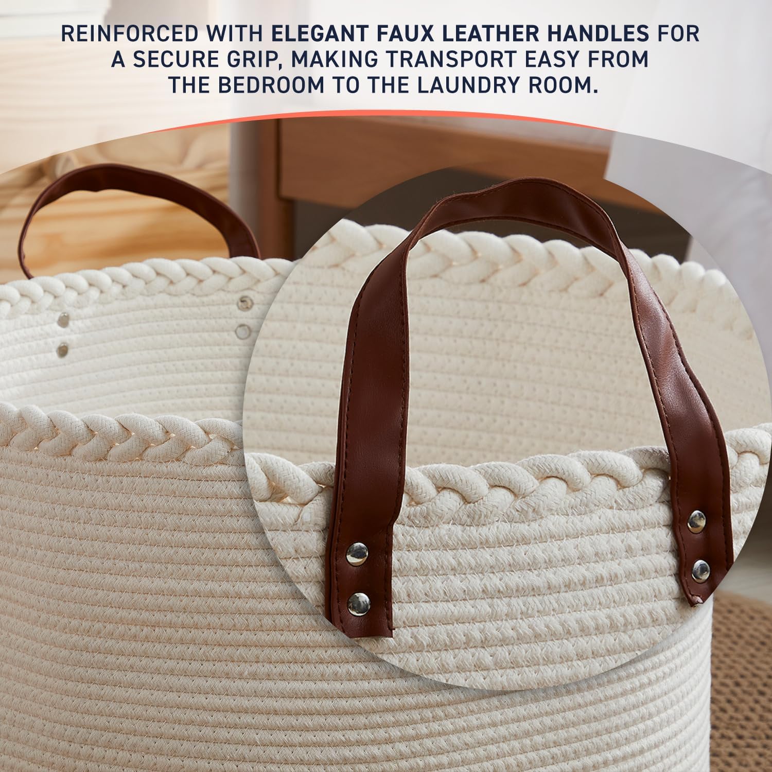 XLarge Round Cotton Rope Storage Basket Bin Organizer Laundry Hamper with Leather Handles, 21 x 21 x 14, Extra Large Blanket Woven Basket for Nursery - Cream - Image 6