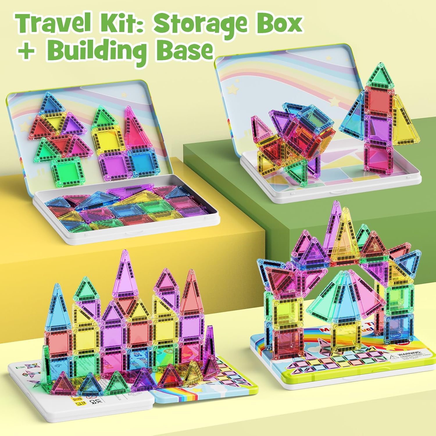 Magnetic Tiles Travel Toys for Kids 4-8, 42PCS Candy Color STEM Building Blocks with Visual Storage Guide & Metal Case, Airplane Activities & Toddler Travel Essentials Ages 3-5 - Image 3