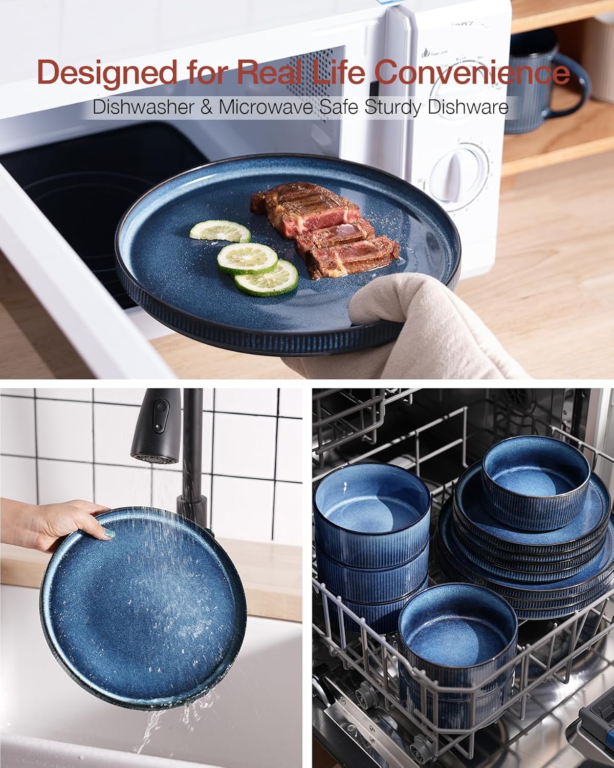 Famiware Star Dinnerware Sets, Plates and Bowls Set for 4, 12 Pieces Ribbed Dishes - Chip and Scratch Resistant, Microwave and Dishwasher Safe Tableware, Nebulas Blue - Image 8