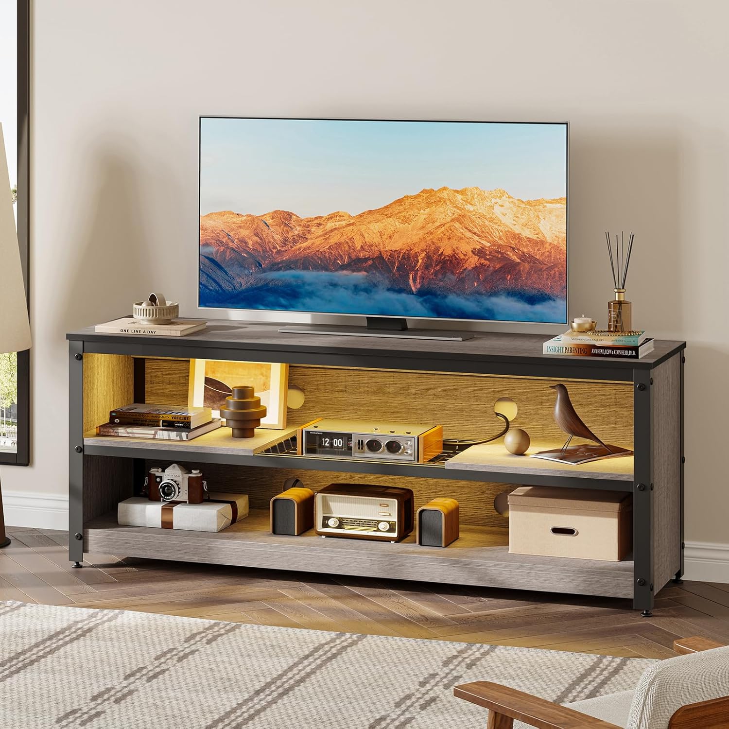 Bestier Gaming Entertainment Center for 50/55/60 Inch TVs, LED TV Stand Cabinet with Adjustable Shelves, Wood Industrial TV Media Console Table with Metal Frame for Living Room Bedroom, Gray - Image 8
