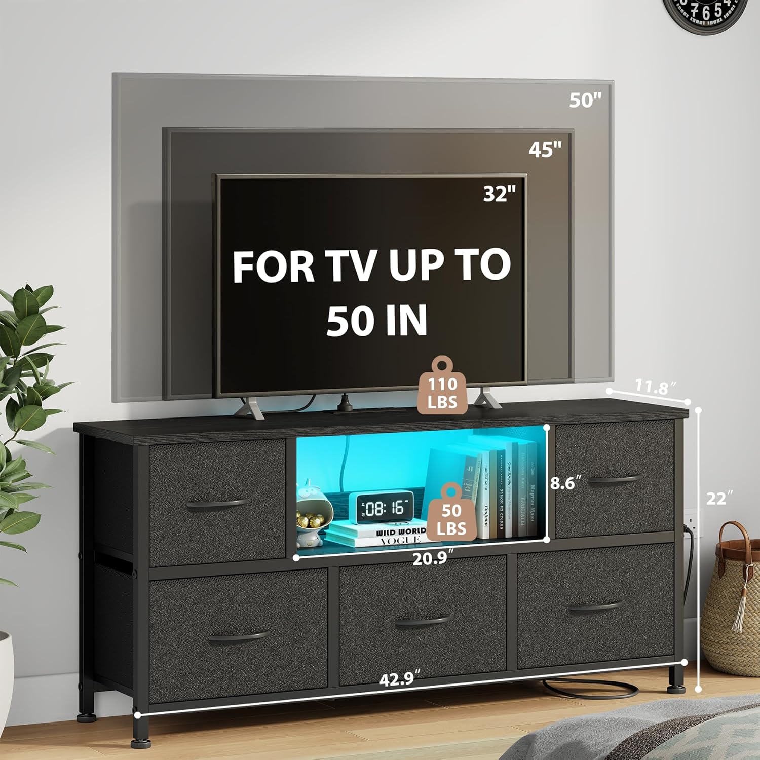 Lulive TV Stand for Living Room, LED Black Dresser for Bedroom with 5 Fabric Drawers,43 55in TV Stand with Power Outlet, Entertainment Center with Open Shelf - Image 3