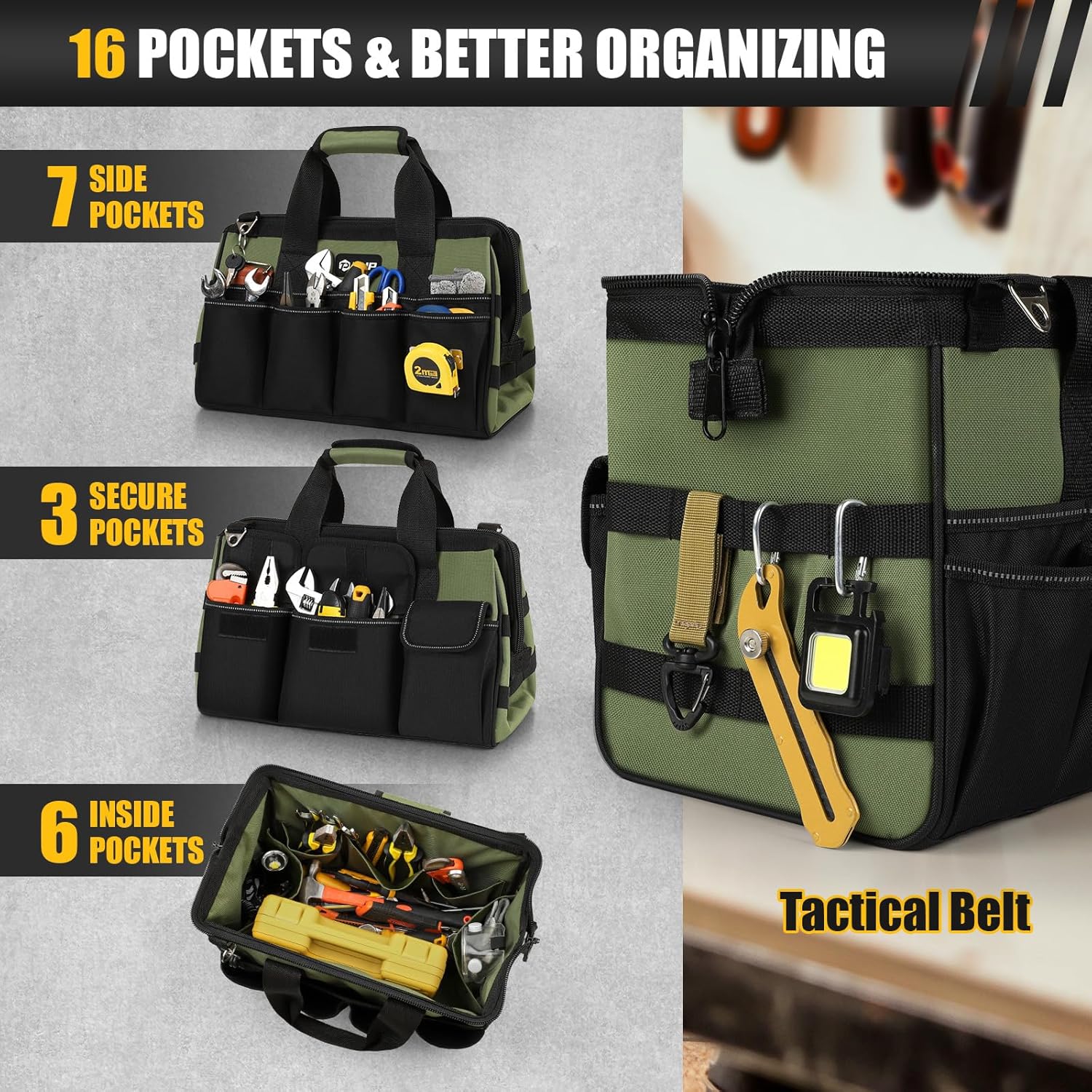 Heavy Duty Tool Bag 15-Inch, 16-Pocket Portable Empty Tool Box Organizer Storage, Toolbox Organization, Soft Handle Large Zipper Carrying Toolbag, Father Day Dad Men Mechanic Welding Birthday Gift - Image 4