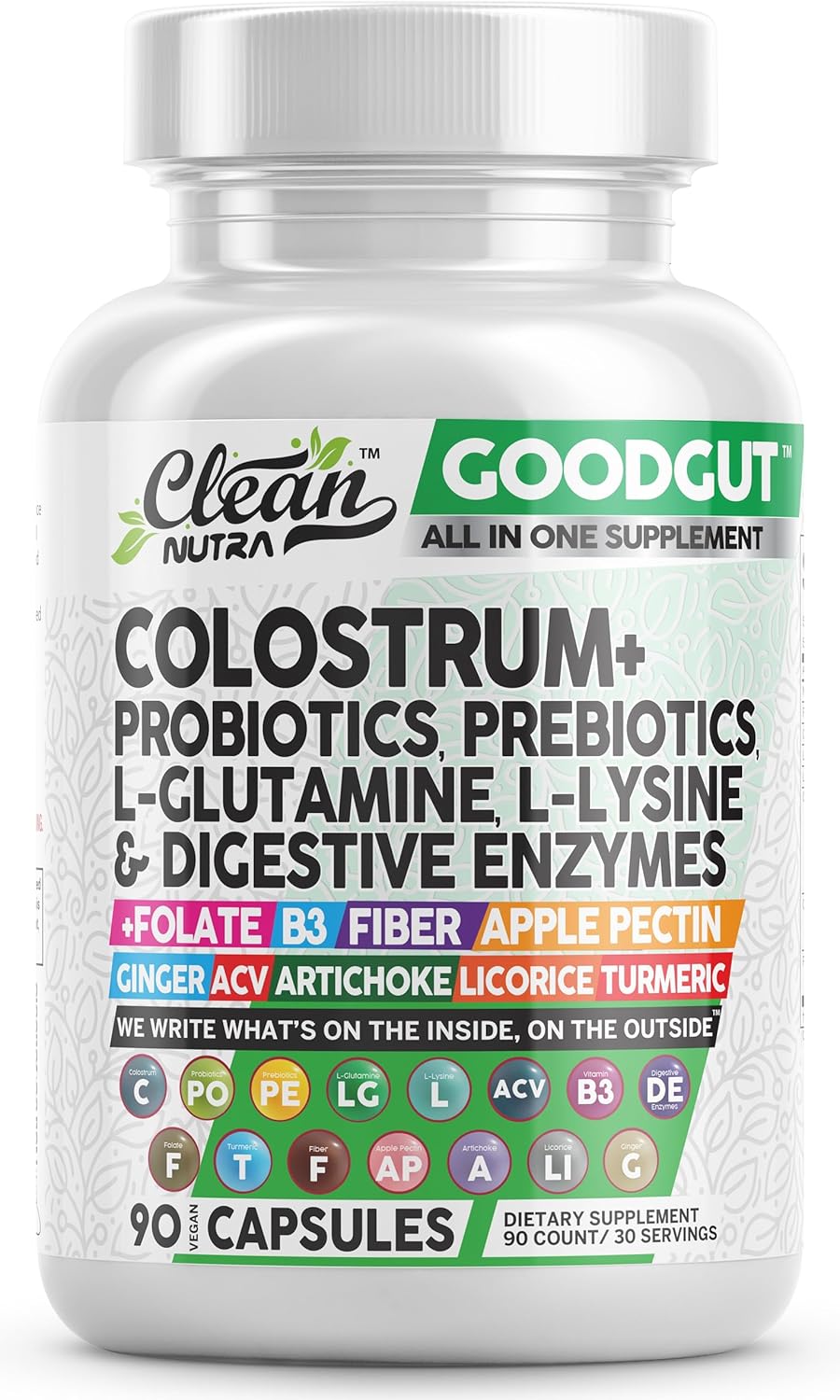 Clean Nutraceuticals Colostrum Supplement Capsules Probiotics Pills Prebiotics, L-Glutamine, Digestive Enzymes, Folate, Fiber, ACV, Turmeric, Apple Pectin and Turmeric Good Gut - Image 2