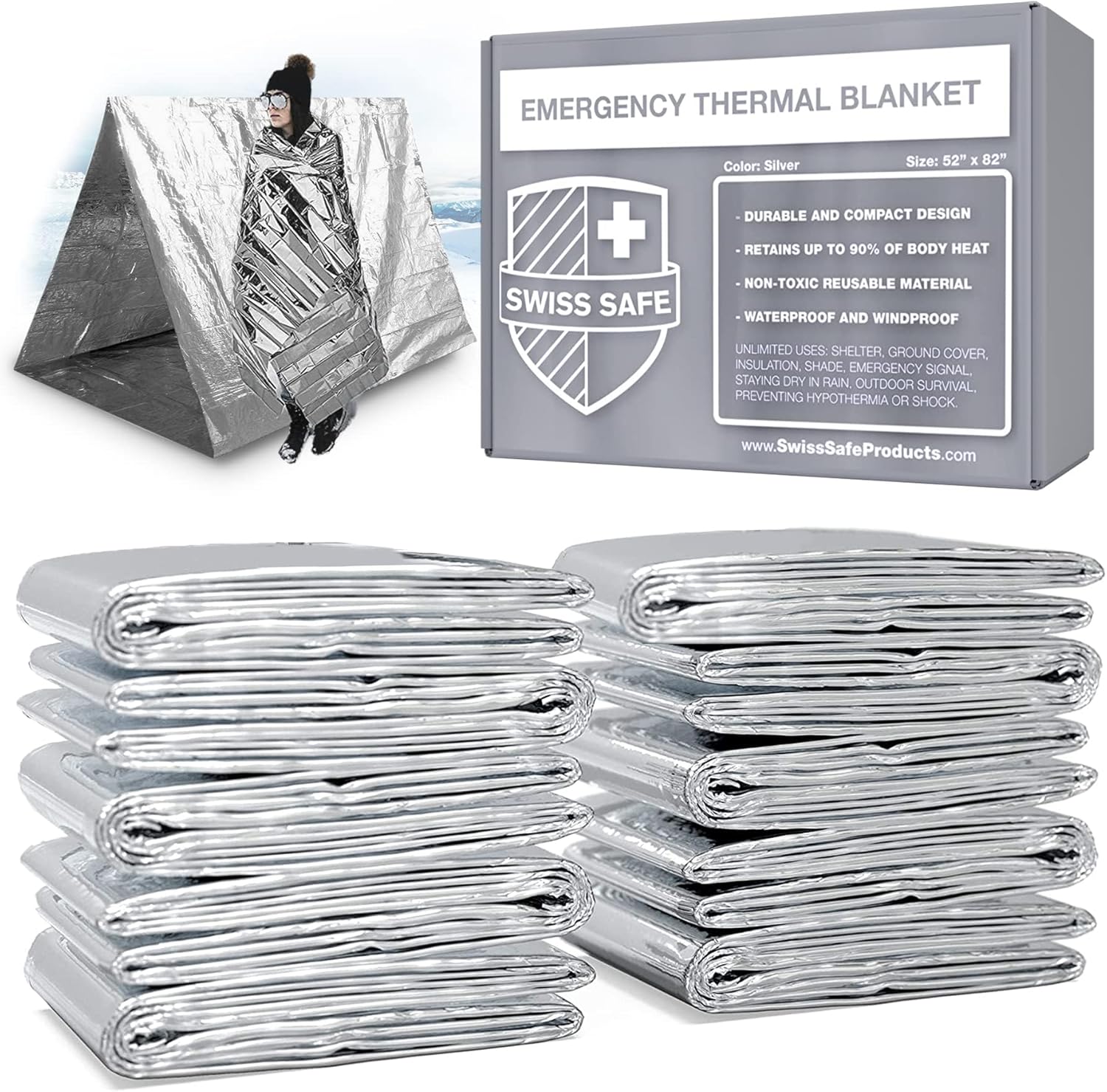 Swiss Safe 10 Pack Mylar Emergency Blankets for Survival - Compact & Insulated for Cold Weather - Designed for NASA, Outdoor, Running, Camping, Survival, First Aid Car Kit - Silver, 10 Pack - Image 2