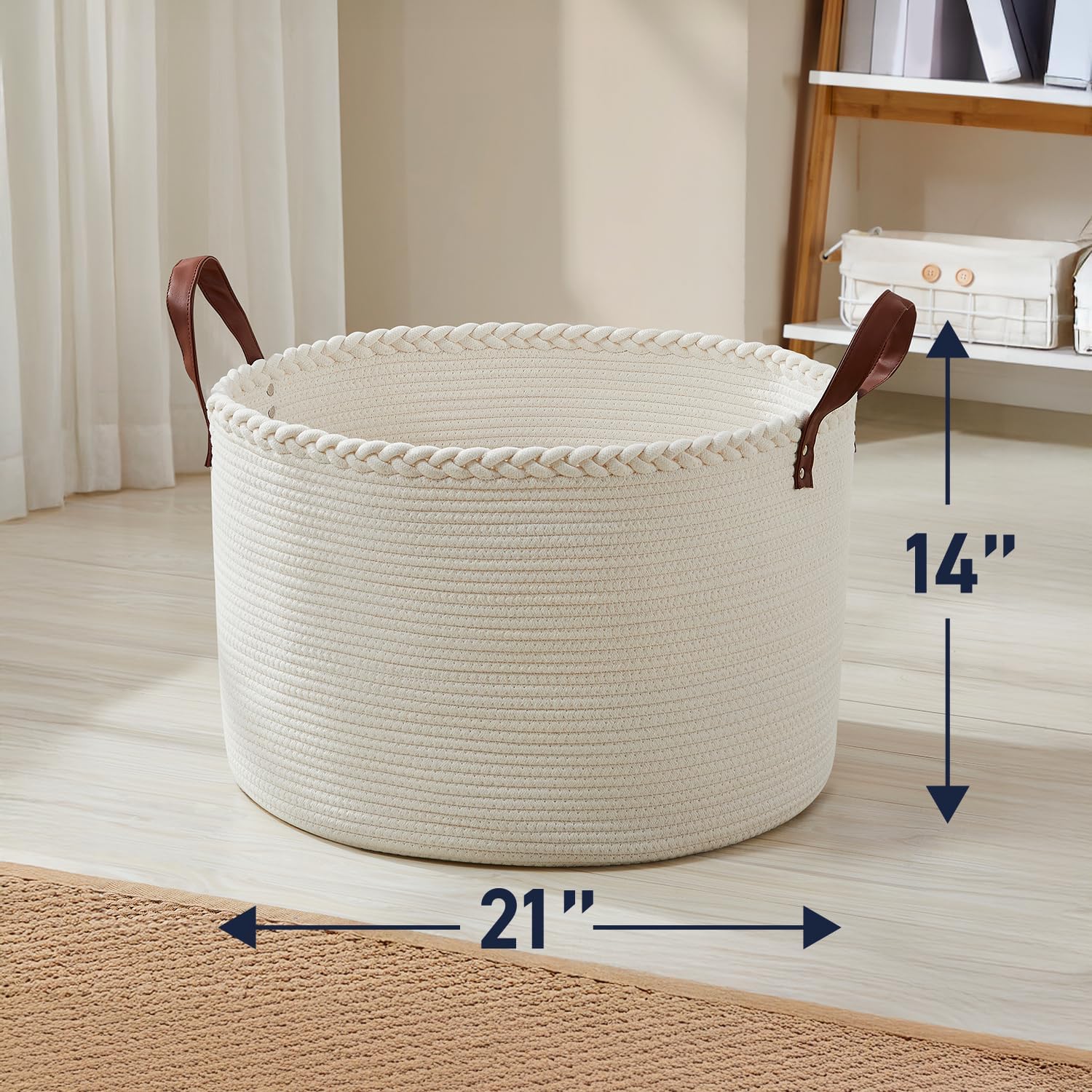 XLarge Round Cotton Rope Storage Basket Bin Organizer Laundry Hamper with Leather Handles, 21 x 21 x 14, Extra Large Blanket Woven Basket for Nursery - Cream - Image 3