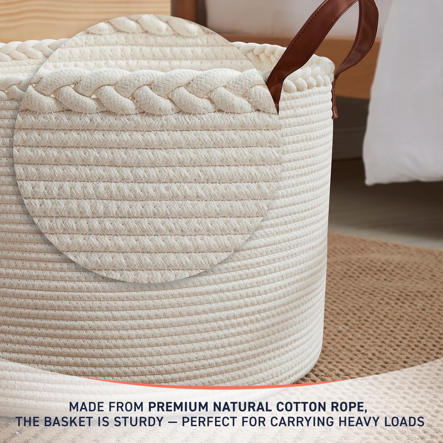 XLarge Round Cotton Rope Storage Basket Bin Organizer Laundry Hamper with Leather Handles, 21 x 21 x 14, Extra Large Blanket Woven Basket for Nursery - Cream - Image 7