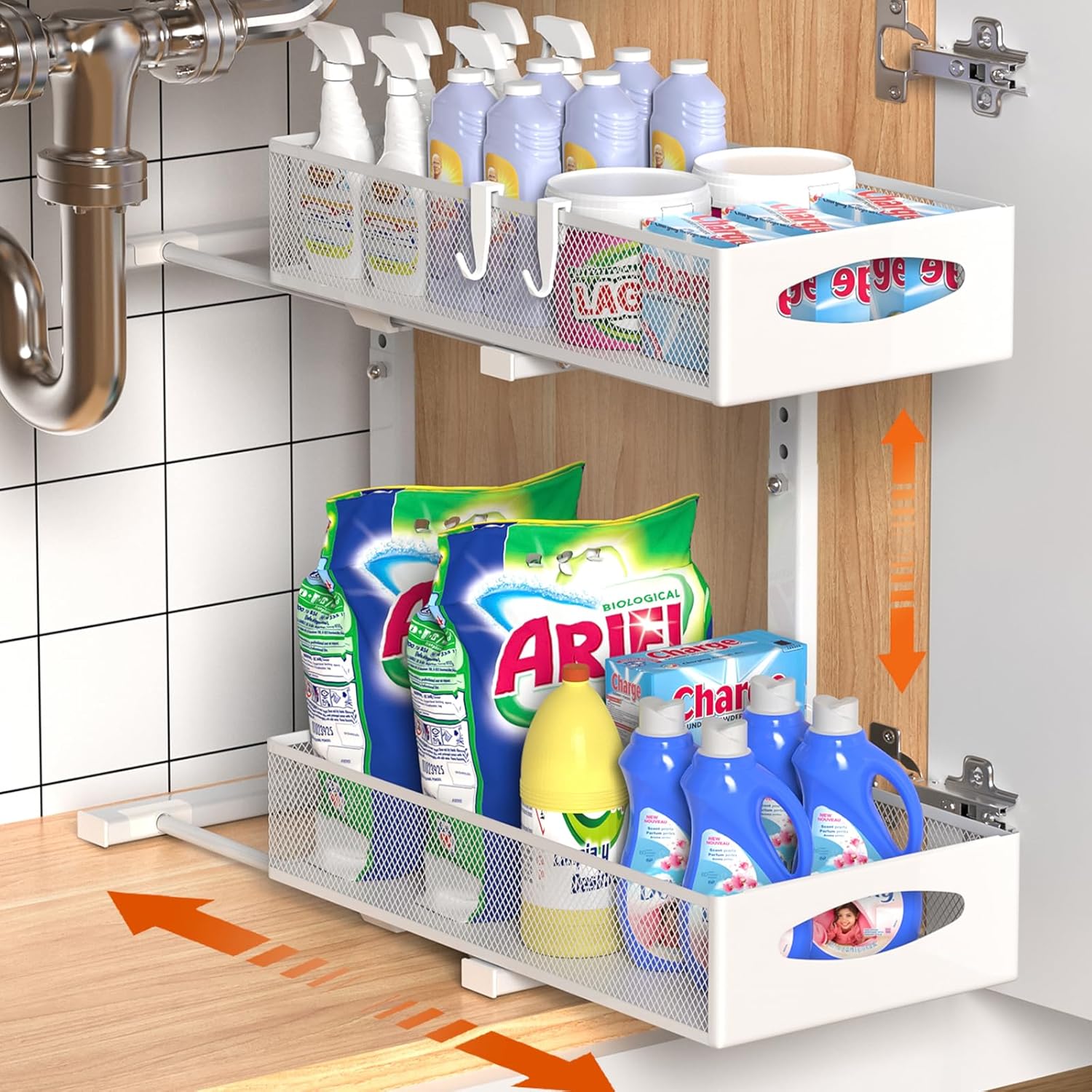 Under Sink Organizer, 2 Tier Metal Pull Out Under Sink Storage with Sliding Mesh Drawers, Height Adjustable Slide Out Under Sink Organizer Shelf for Kitchen Bathroom Cabinet, White - Image 2