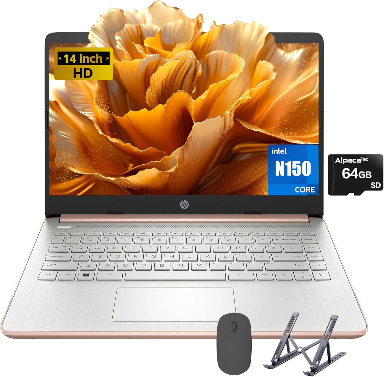 HP 14 Laptop, Intel Quad Core N150, 16GB RAM, 192GB Storage(128GB UFS+64GB SD Card), Thin and Portable Laptop Computer, 14 inch HD Anti-glare Display, Windows 11 Home, Alpacatec Accessories, Rose Gold - Image 2