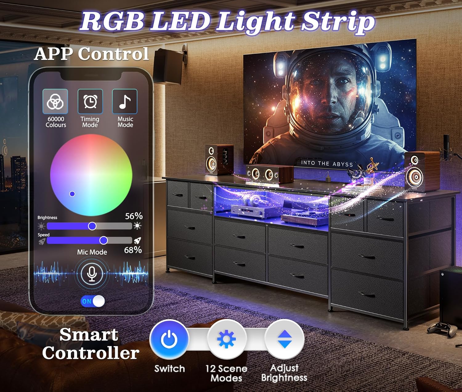 Huuger 63 Inch Dresser TV Stand with LED Lights, Power Outlets and USB-C Port, 12 Fabric Drawer Dresser for Bedroom, Wide Entertainment Center for 65, 70 Inch TV, Open Shelf, Black - Image 3