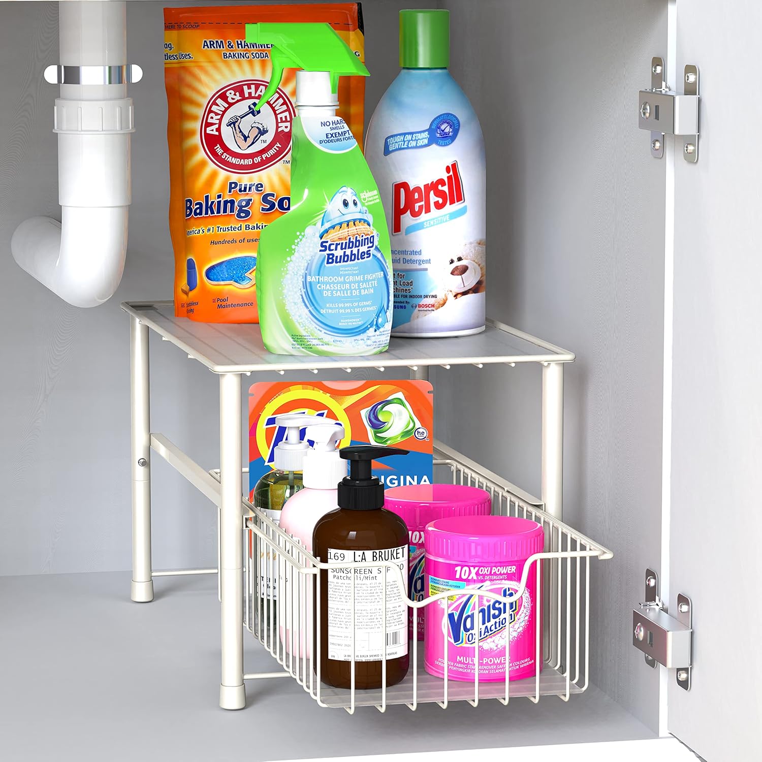 Simple Houseware Stackable Under Sink Cabinet Sliding Basket Organizer Drawer, White - Image 9