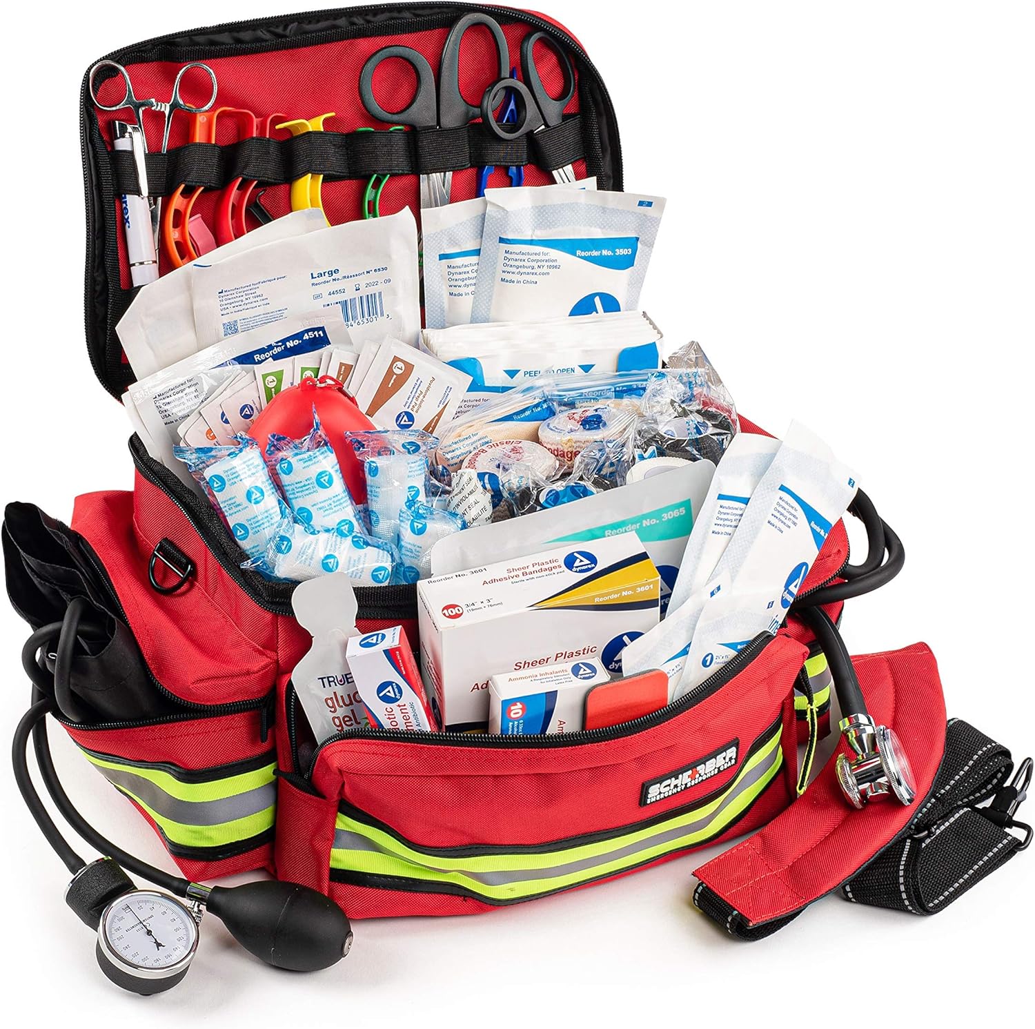 Scherber First Responder Fully-Stocked Professional Essentials EMT/EMS Trauma Kit | HSA/FSA Approved | Reflective Bag w/8 Zippered Pockets & Compartments & 200+ First Aid Supplies - Red - Image 2