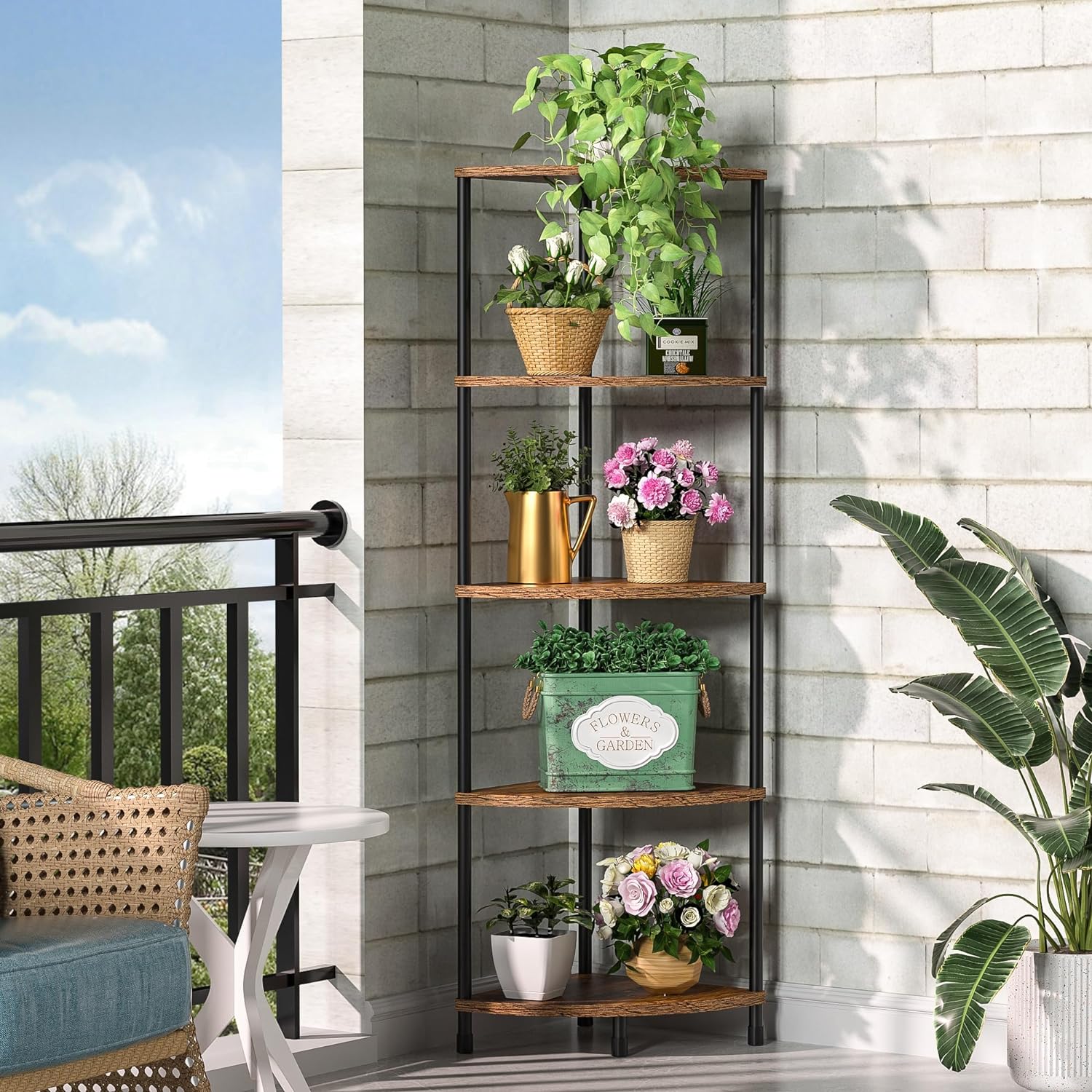 Corner Plant Stand Shelf, 5 Tier Tall Shelf Plant Stand for Indoor Plants, Rustic Brown Corner Bookshelf Wall Decor Living Room, 44.1" Display Shelf for Bedroom, Bathroom, Small Space - Image 2