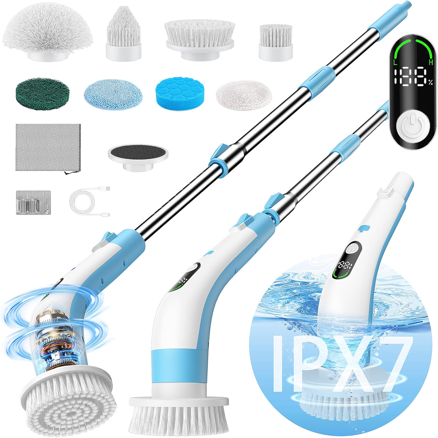 Electric Spin Scrubber with LED Display, IPX7 Waterproof Powerful Shower Scrubber, 2H Runtime, 2 Speeds, Adjustable Handle, 8 Brush Heads for Bathtub Tile Car-Blue and White - Image 2