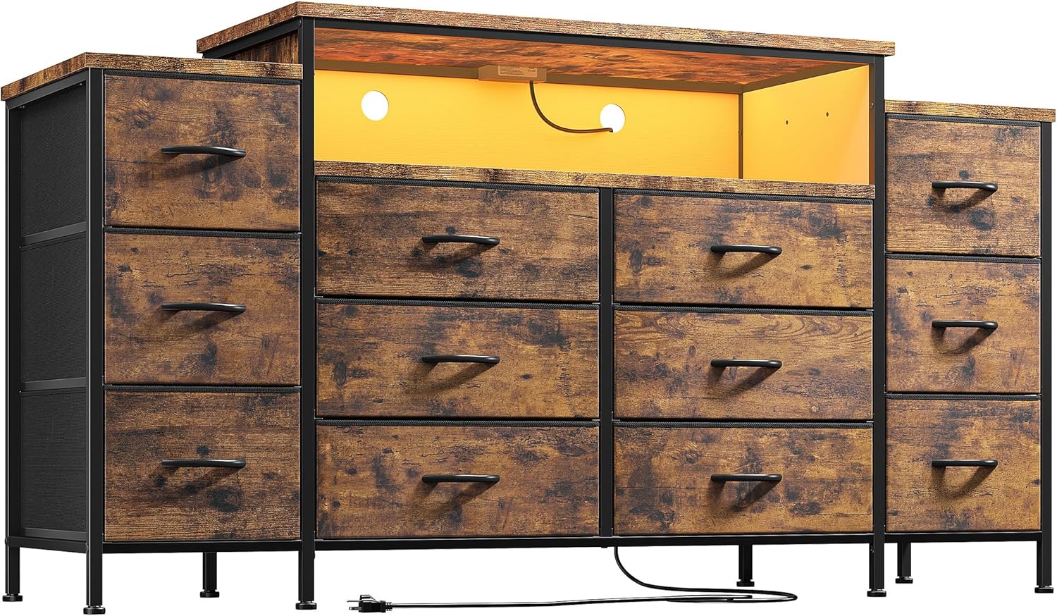 EnHomee 55" W Dresser for Bedroom with LED Lights & Charging Station 12 Drawer Dressers & Chests of Drawers Dresser TV Stand for Bedroom for Hanging 65" TV, Metal Frame & Fabric Drawers, Rustic Brown - Image 10