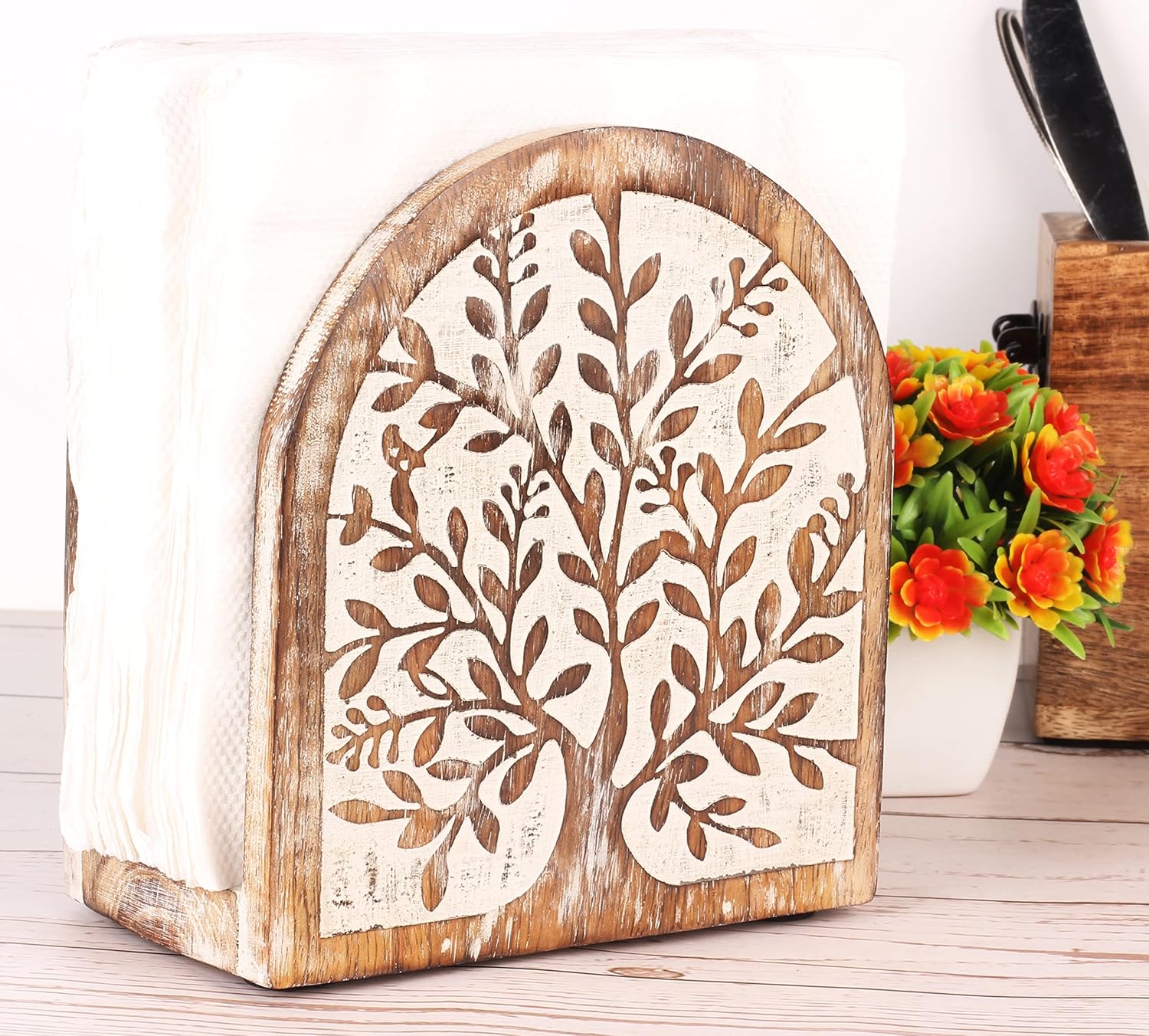 Wooden White Wash Tree of Life Tissue Paper Holder with Full Size Decorative Napkin Stand Tissue Paper Organizer for Home & Kitchen Dining Table Stand - Image 5