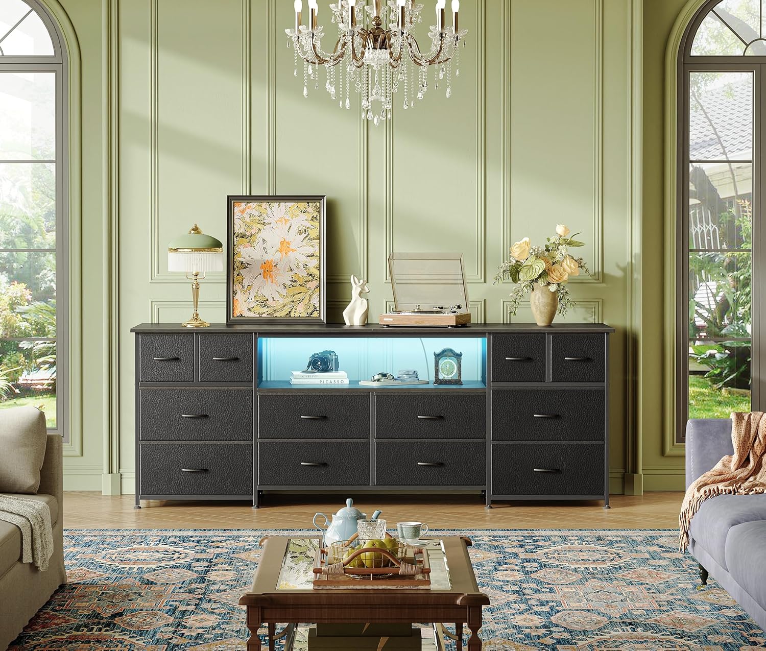 Huuger 63 Inch Dresser TV Stand with LED Lights, Power Outlets and USB-C Port, 12 Fabric Drawer Dresser for Bedroom, Wide Entertainment Center for 65, 70 Inch TV, Open Shelf, Black - Image 5