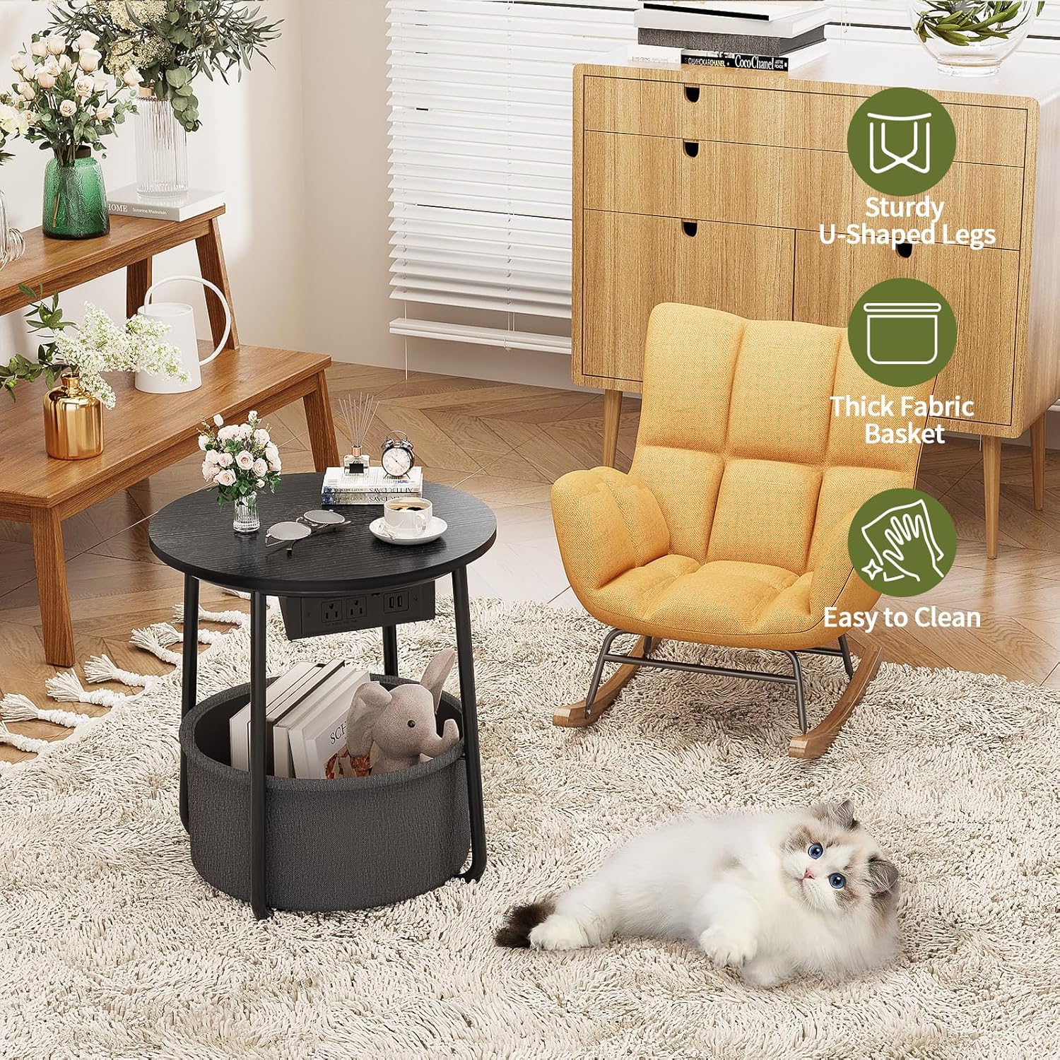Yoobure Tree Bookshelf - 6 Shelf Retro Floor Standing Bookcase, Round Side Table, LED Night Stand with Charger Station - Image 10