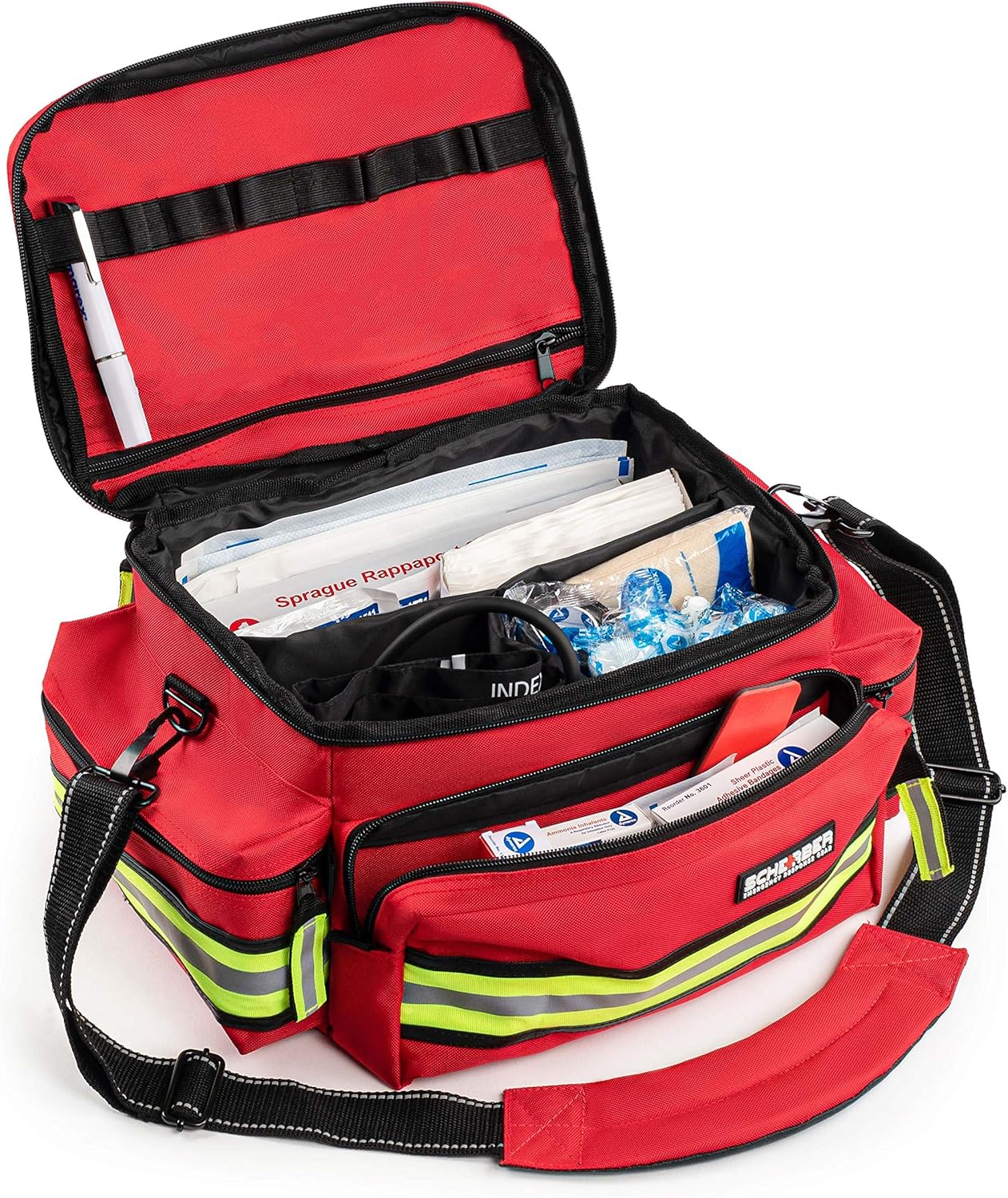 Scherber First Responder Fully-Stocked Professional Essentials EMT/EMS Trauma Kit | HSA/FSA Approved | Reflective Bag w/8 Zippered Pockets & Compartments & 200+ First Aid Supplies - Red - Image 5