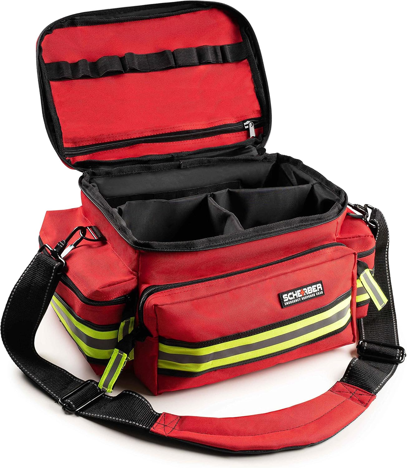 Scherber First Responder Fully-Stocked Professional Essentials EMT/EMS Trauma Kit | HSA/FSA Approved | Reflective Bag w/8 Zippered Pockets & Compartments & 200+ First Aid Supplies - Red - Image 9