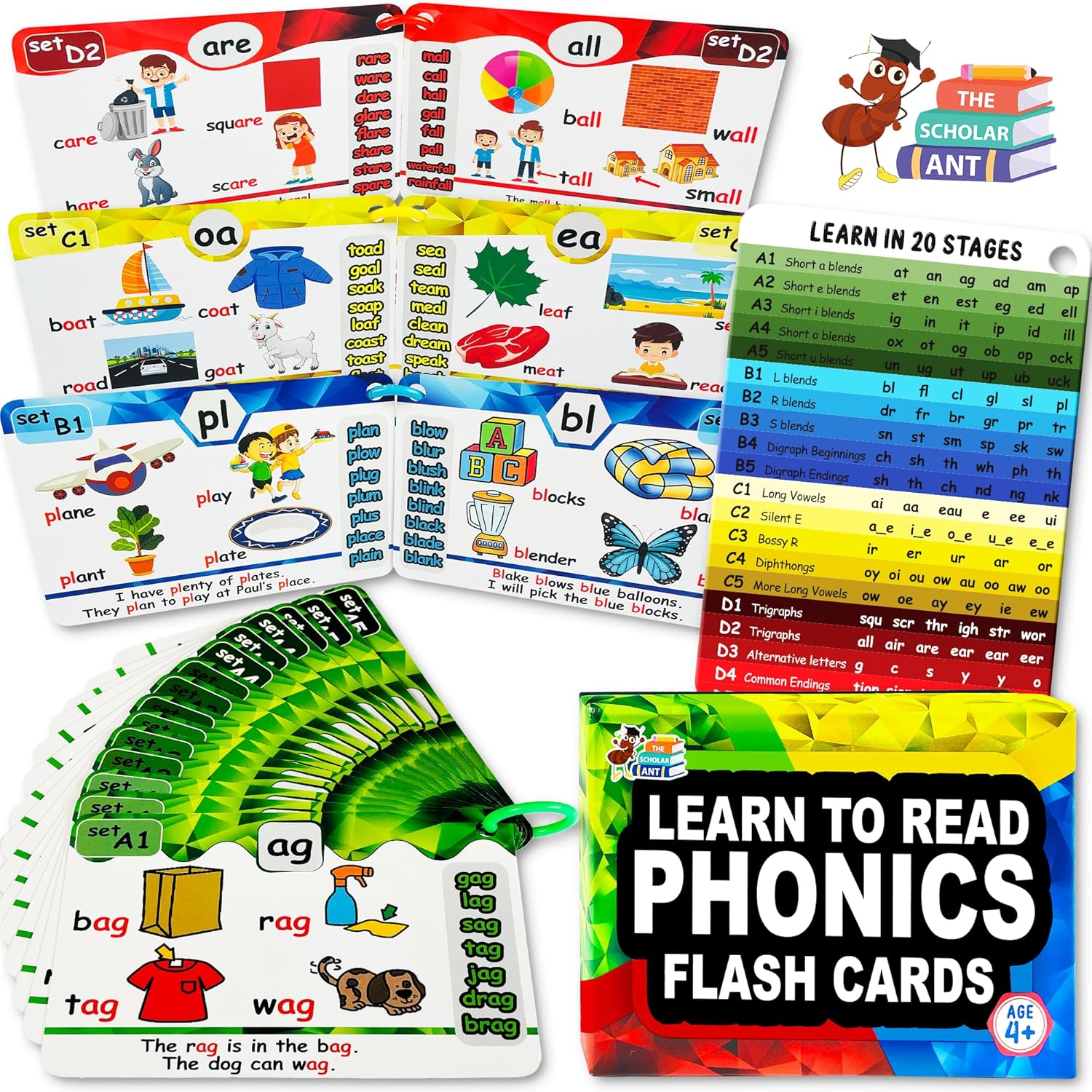 Phonics Flash Cards - Learn to Read in 20 Phonic Stages - Digraphs CVC Blends Long Vowel Sounds - Phonics Games for Kids Ages 4-8 Kindergarten First Second Grade Homeschool Educational - Image 6