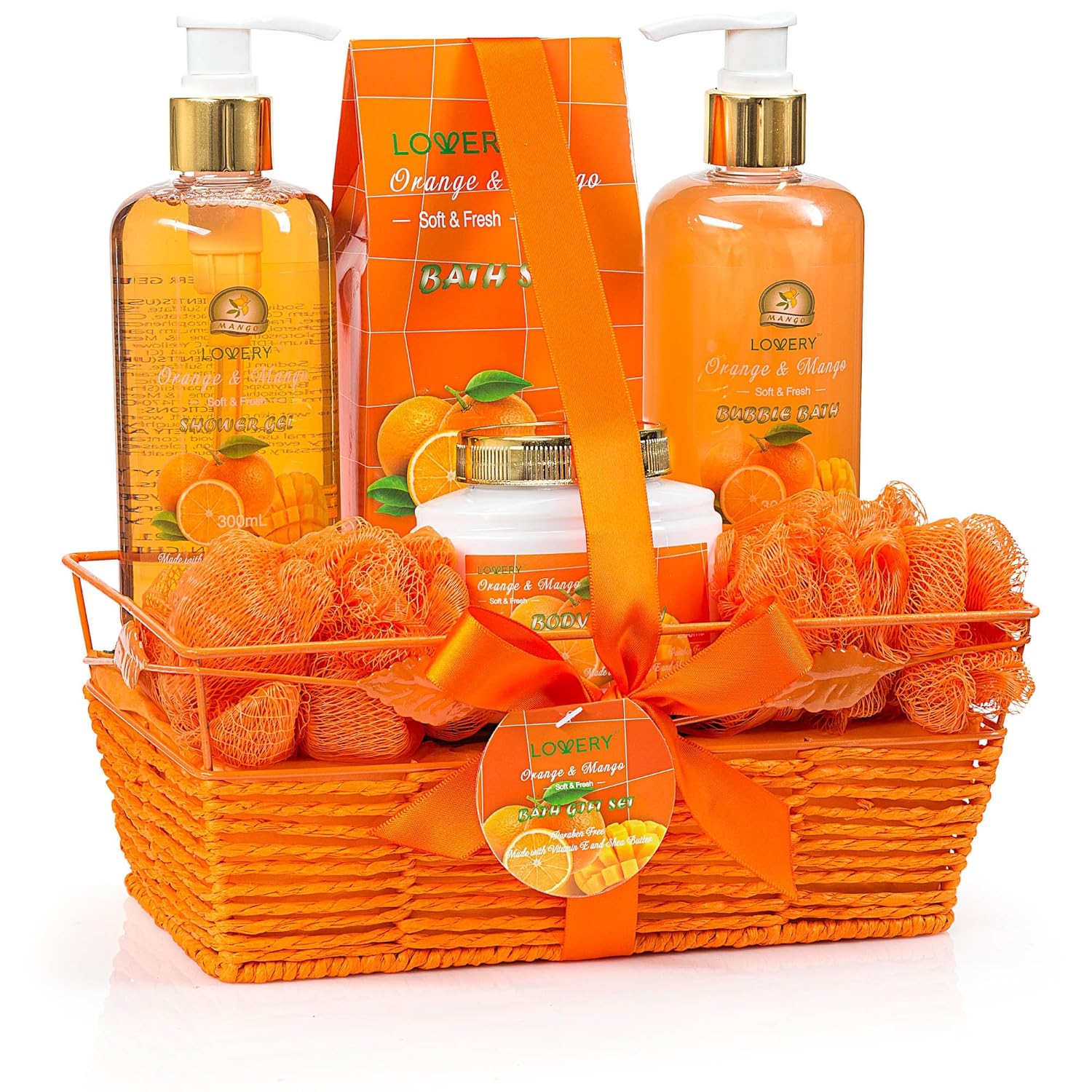 LOVERY Spa Gift Basket - Orange & Mango Scent - Luxury Mother's Day Gift - 7 Piece Bath & Body Set For Women & Men, Contains Shower Gel, Bubble Bath, Body Lotion, Bath Salt, 2 Poufs & Handmade Basket - Image 2
