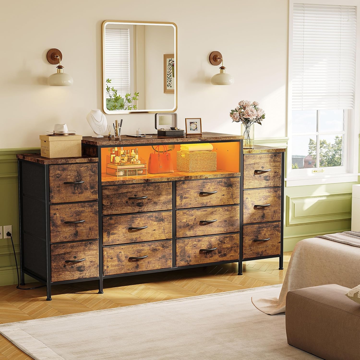EnHomee 55" W Dresser for Bedroom with LED Lights & Charging Station 12 Drawer Dressers & Chests of Drawers Dresser TV Stand for Bedroom for Hanging 65" TV, Metal Frame & Fabric Drawers, Rustic Brown - Image 8