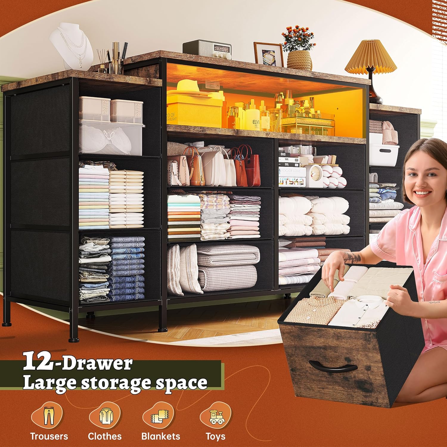 EnHomee 55" W Dresser for Bedroom with LED Lights & Charging Station 12 Drawer Dressers & Chests of Drawers Dresser TV Stand for Bedroom for Hanging 65" TV, Metal Frame & Fabric Drawers, Rustic Brown - Image 5