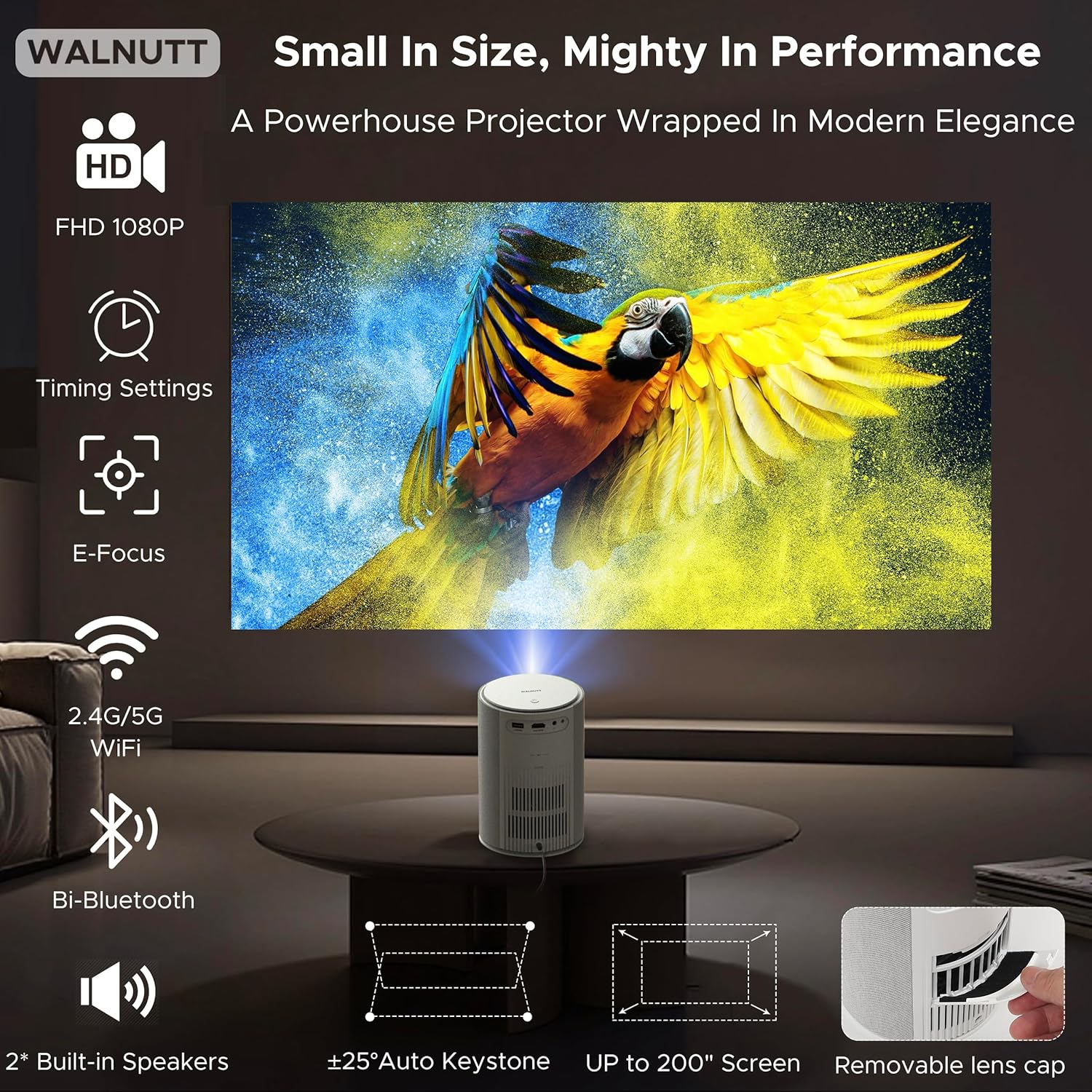 Mini Projector with Wifi and Bluetooth,Electric Focus 1080P 400ANSI Movie Projector,Walnutt 2025 Upgraded Portable Projector Auto Keystone Proyector Compatible with Smartphone/Laptop/TV Stick/HDMI/USB - Image 3