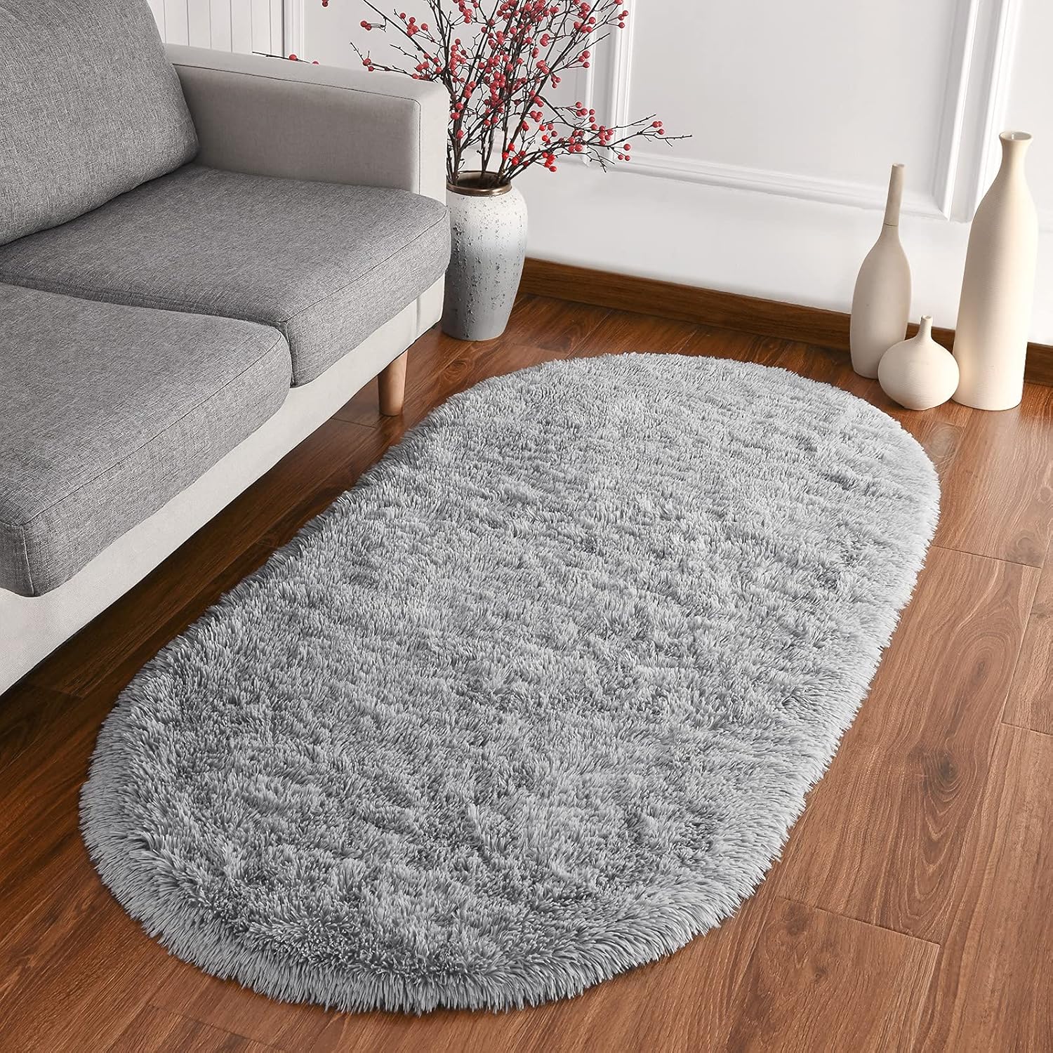 Softlife Fluffy Rugs for Bedroom, Shag Cute Area Rug for Girls and Kids Baby Room Home Decor, 2.6 x 5.3 Feet Oval Indoor Carpet for Nursery Dorm Living Room, Grey - Image 4