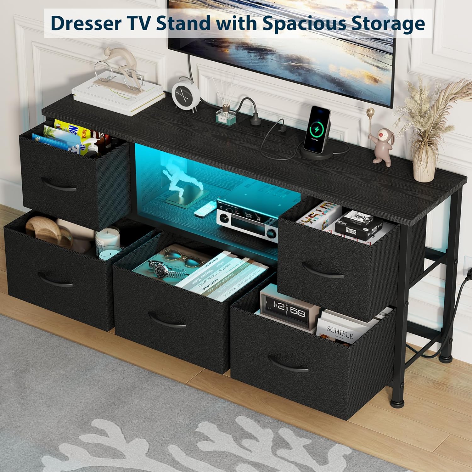 Lulive TV Stand for Living Room, LED Black Dresser for Bedroom with 5 Fabric Drawers,43 55in TV Stand with Power Outlet, Entertainment Center with Open Shelf - Image 5