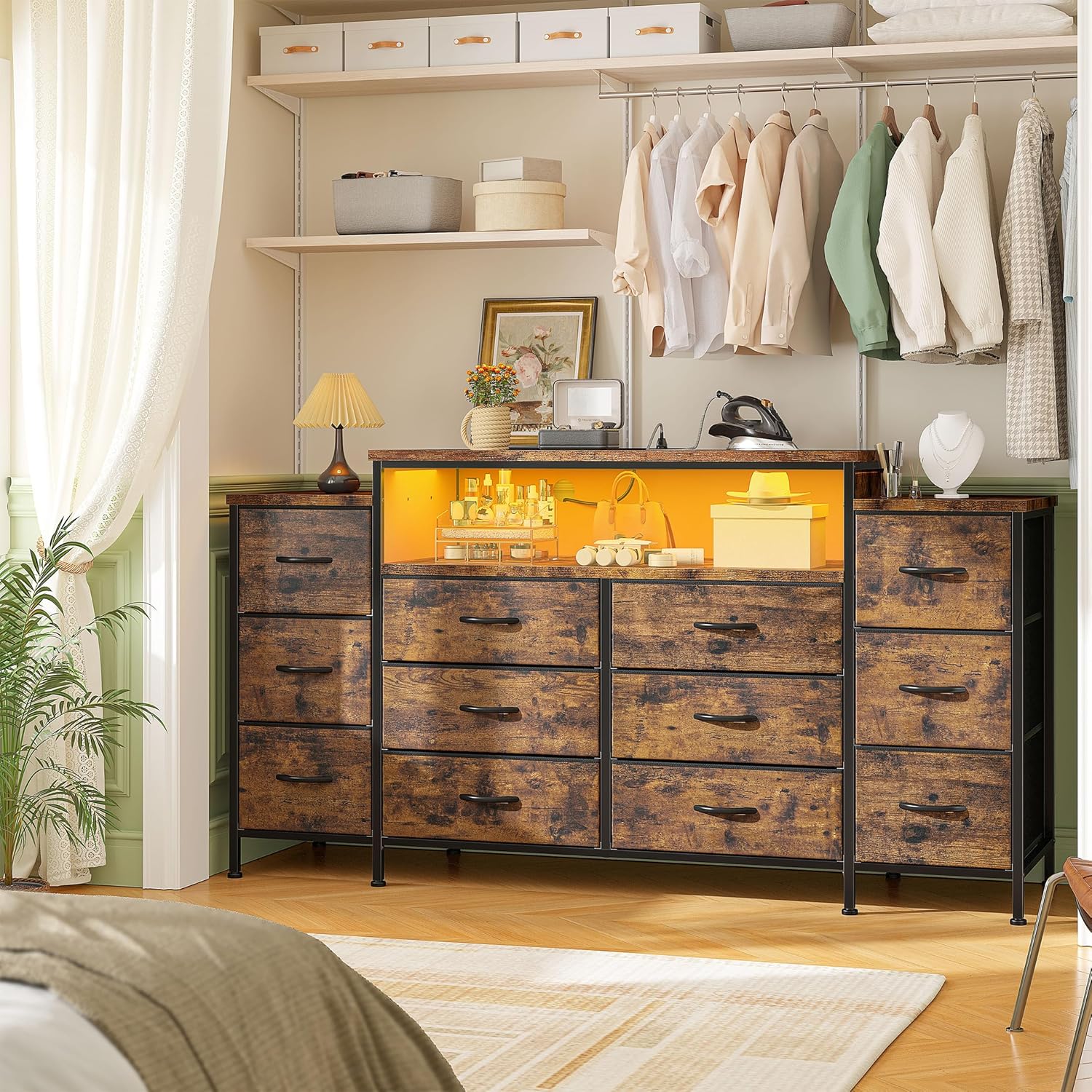EnHomee 55" W Dresser for Bedroom with LED Lights & Charging Station 12 Drawer Dressers & Chests of Drawers Dresser TV Stand for Bedroom for Hanging 65" TV, Metal Frame & Fabric Drawers, Rustic Brown - Image 3
