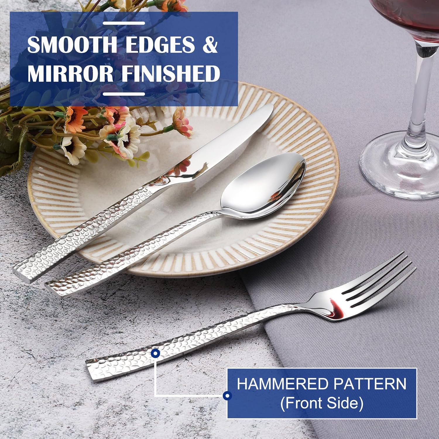 E-far 24-Piece Hammered Forks Spoons and Knives Set, Silverware Set for 8, Stainless Steel Square Flatware Set for Home Kitchen Restaurant, Mirror Polished & Dishwasher Safe - Image 5