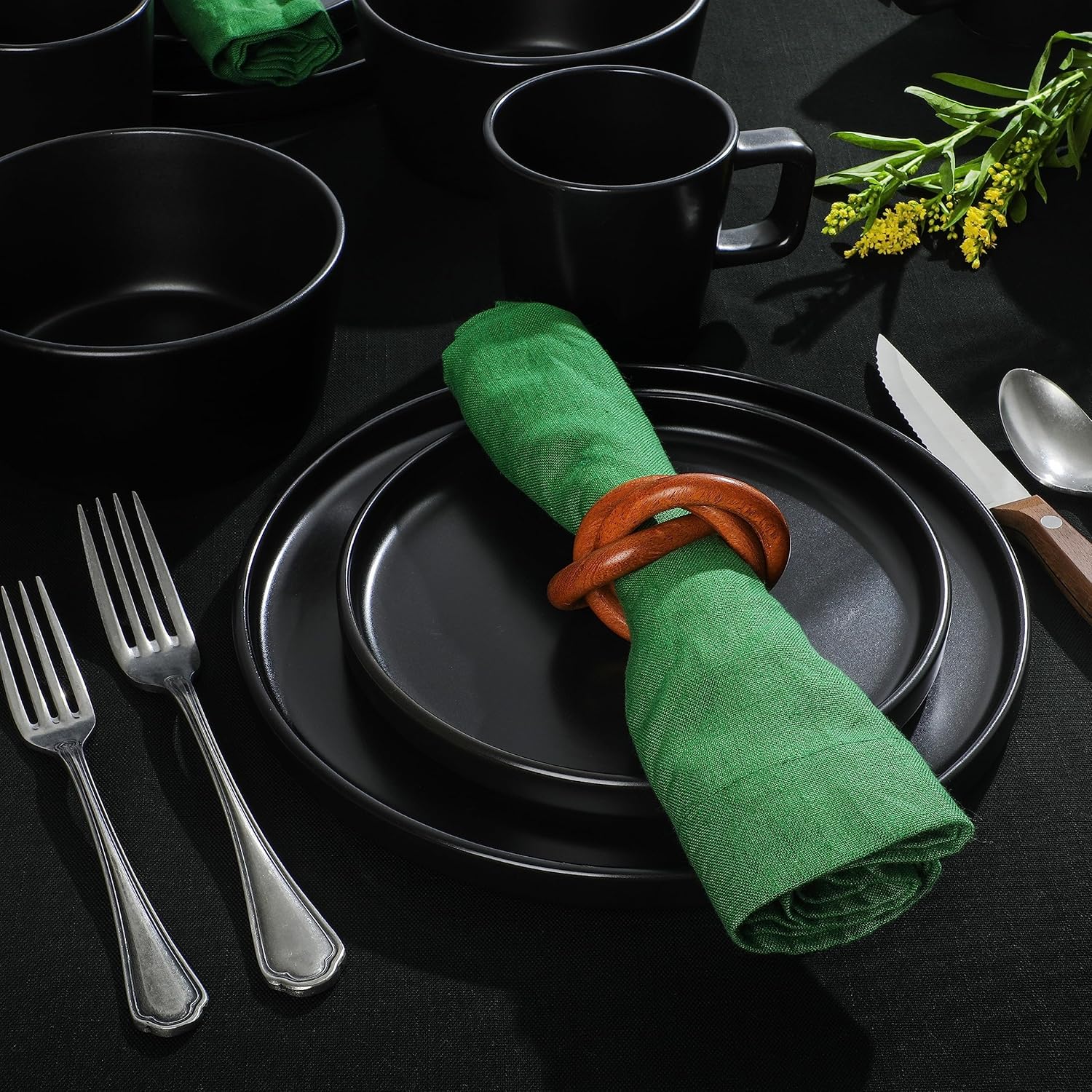 Gibson Soho Lounge Bowery 32 Piece Matte Black Stoneware Dinnerware Plates, Bowls, and Mugs Set - Service for 8 - Image 4